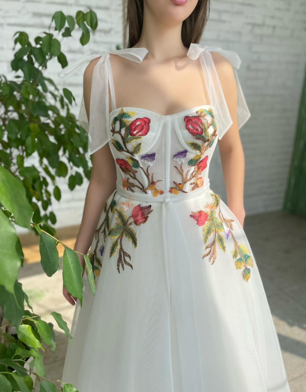 Midi white bridal dress with embroidered flowers and straps