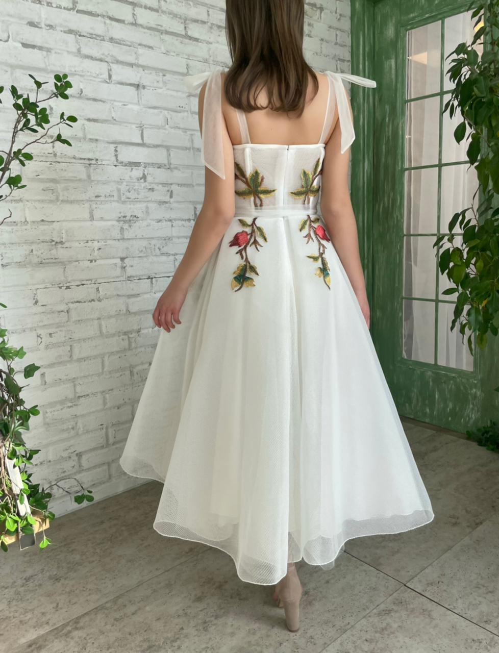 Midi white bridal dress with embroidered flowers and straps