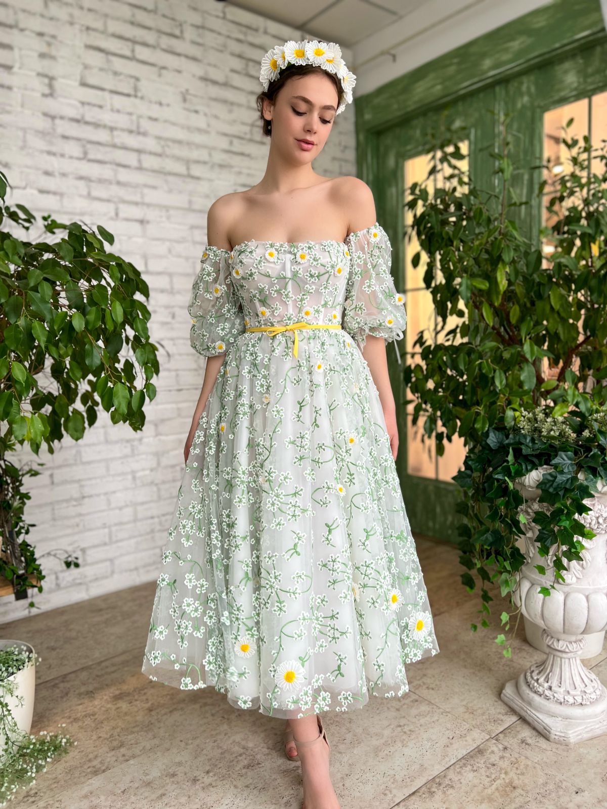 White and green midi dress with off the shoulder sleeves and daisies