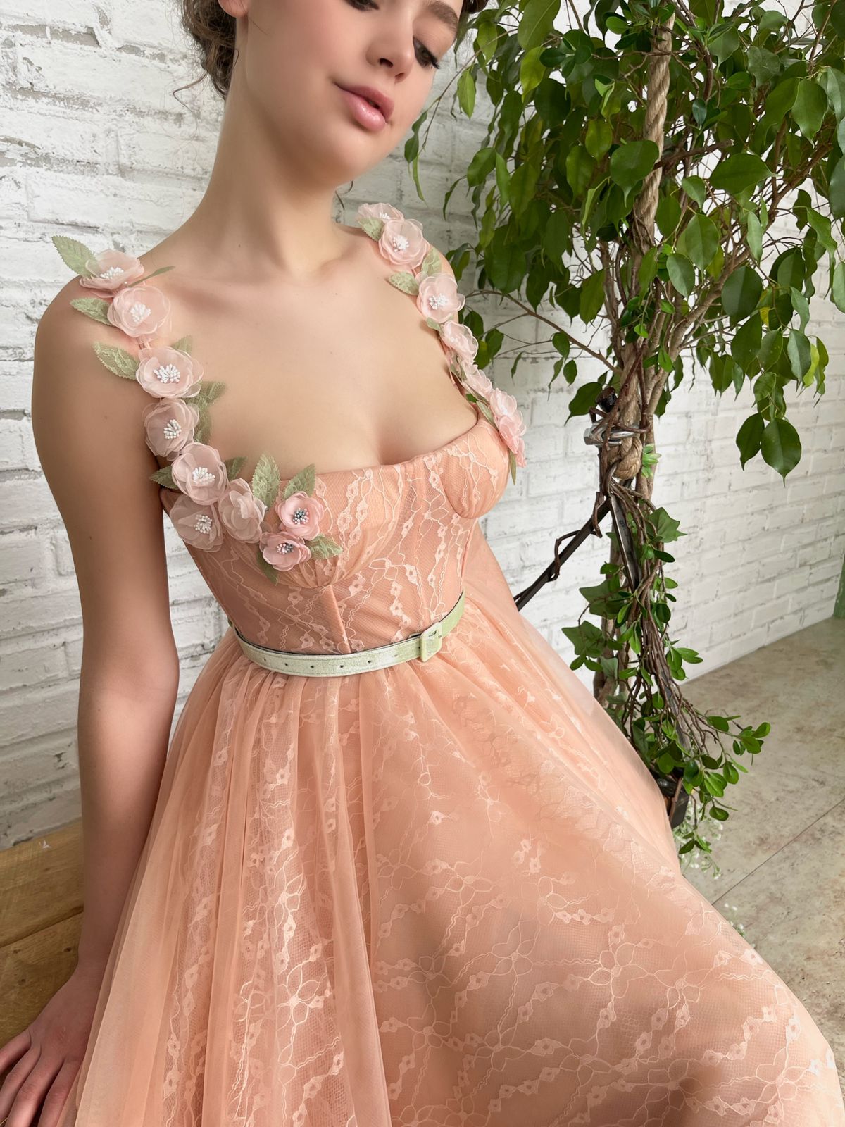 Peach midi dress with spaghetti straps, embroidery, flowers and belt