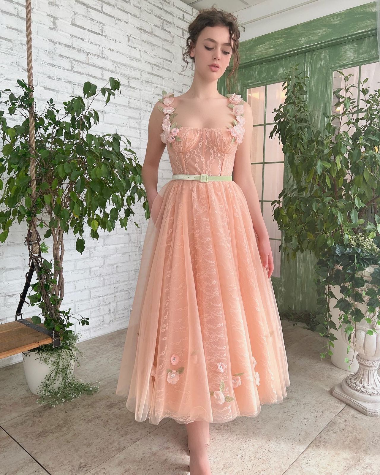 Peach midi dress with spaghetti straps, embroidery, flowers and belt