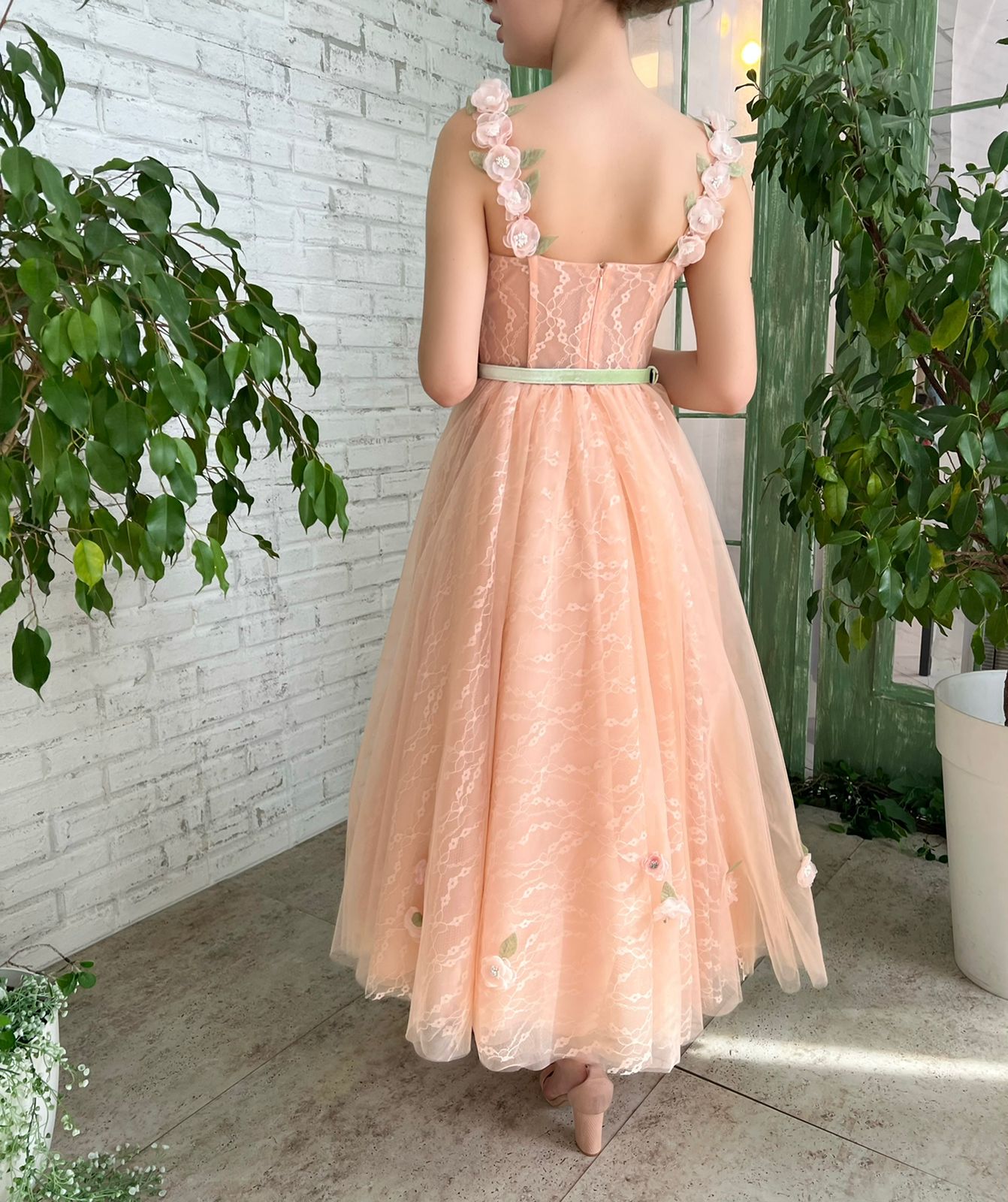Peach midi dress with spaghetti straps, embroidery, flowers and belt