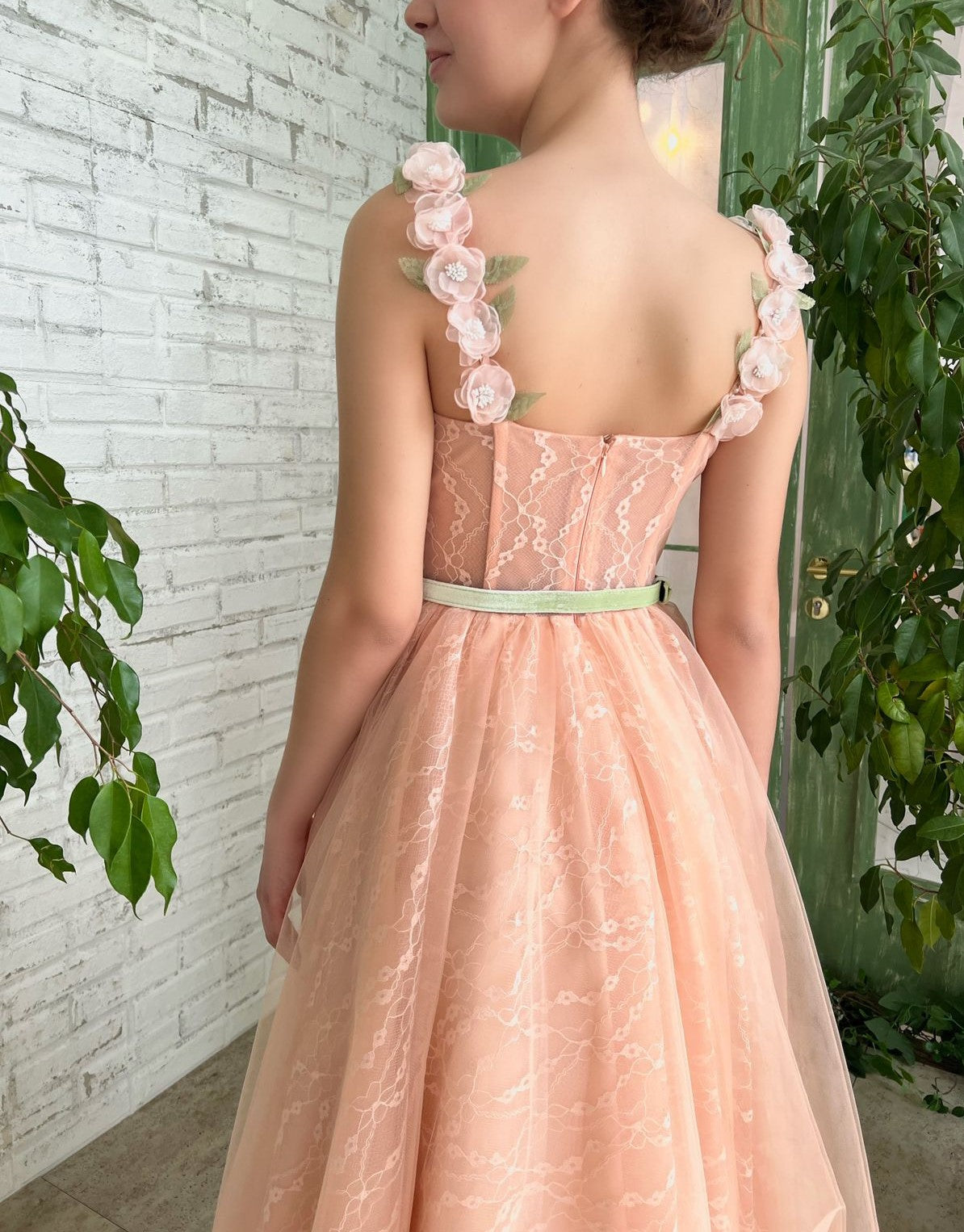 Peach midi dress with spaghetti straps, embroidery, flowers and belt