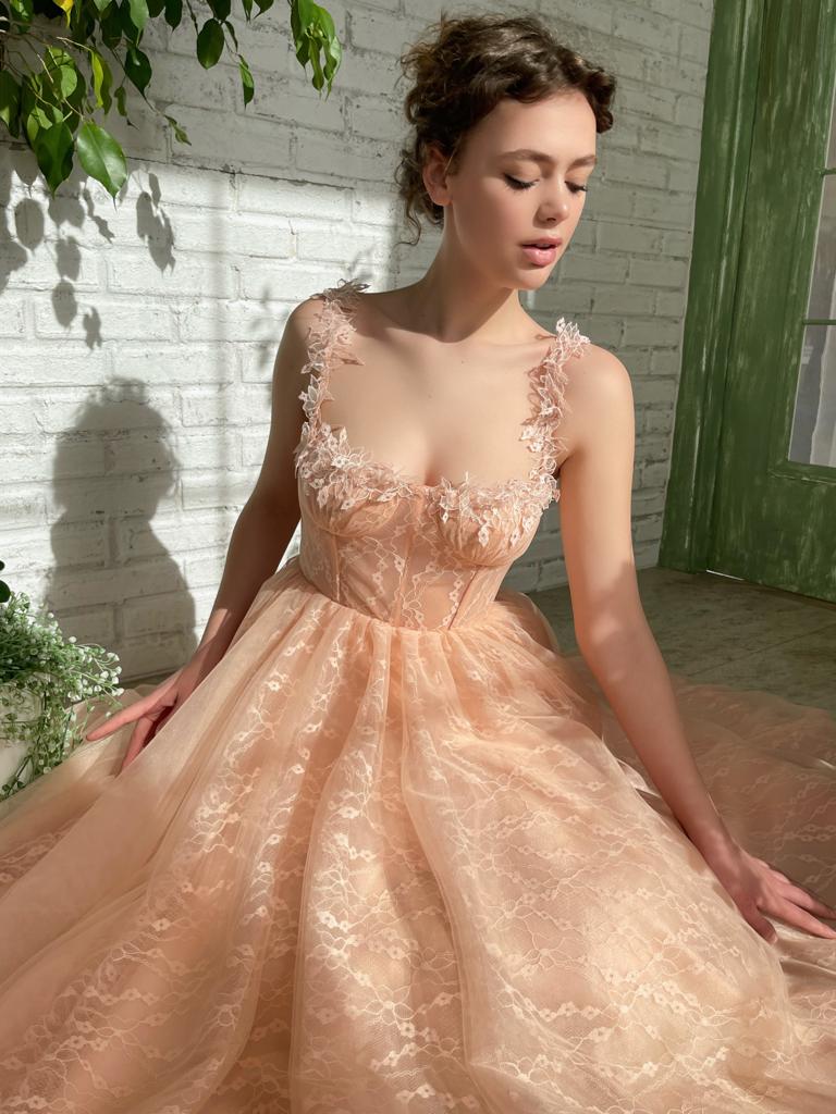 Peach midi dress with spaghetti straps and embroidery