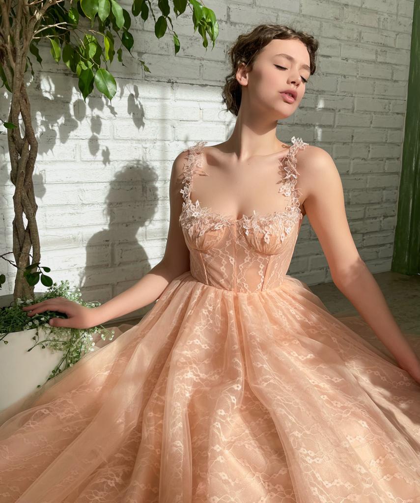 Peach midi dress with spaghetti straps and embroidery