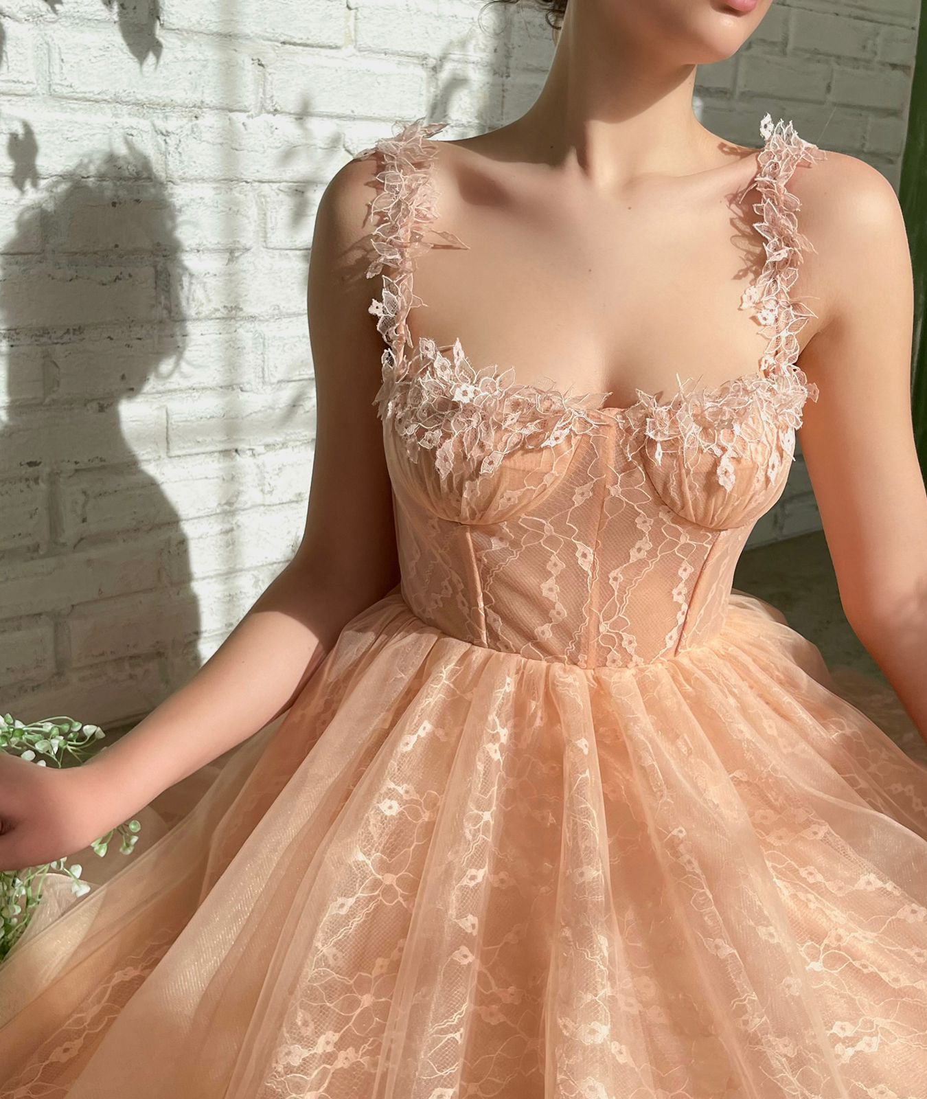 Peach midi dress with spaghetti straps and embroidery