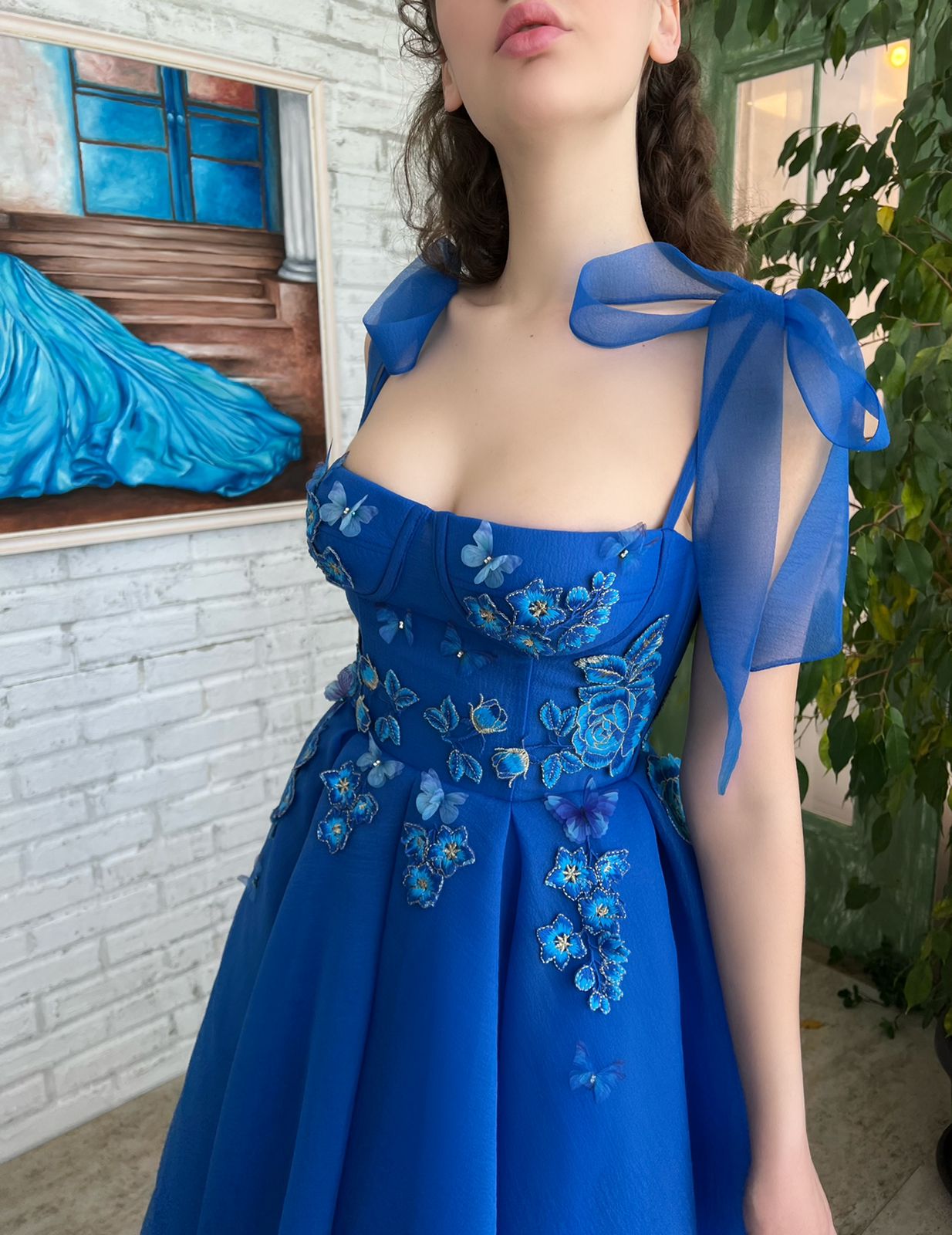 Blue midi dress with spaghetti straps, embroidery and butterflies