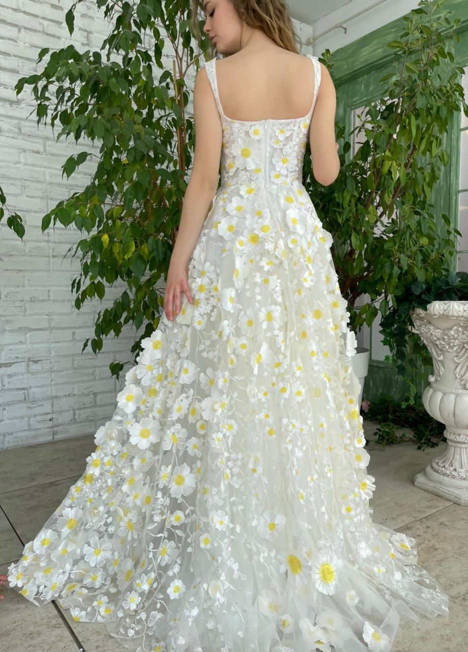 White A-Line dress with spaghetti straps, embroidery and flowers
