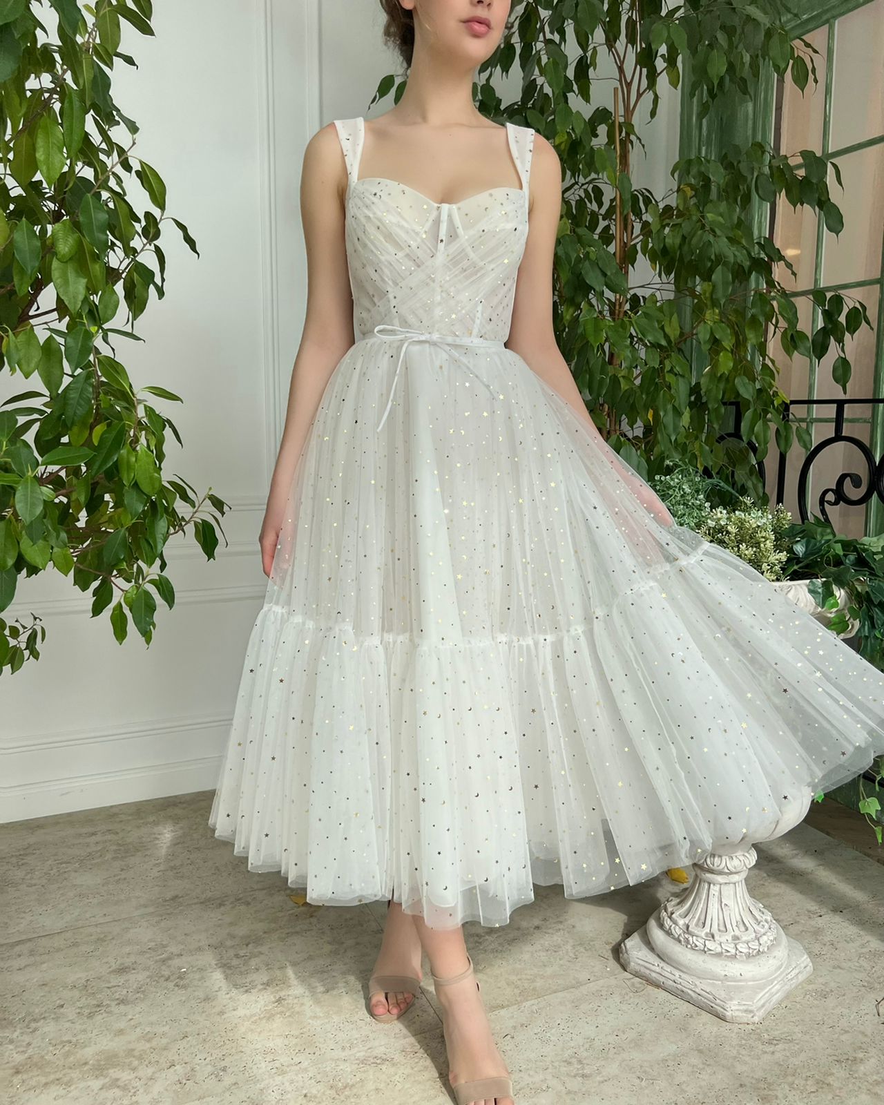 Midi white bridal dress with gold stars and straps