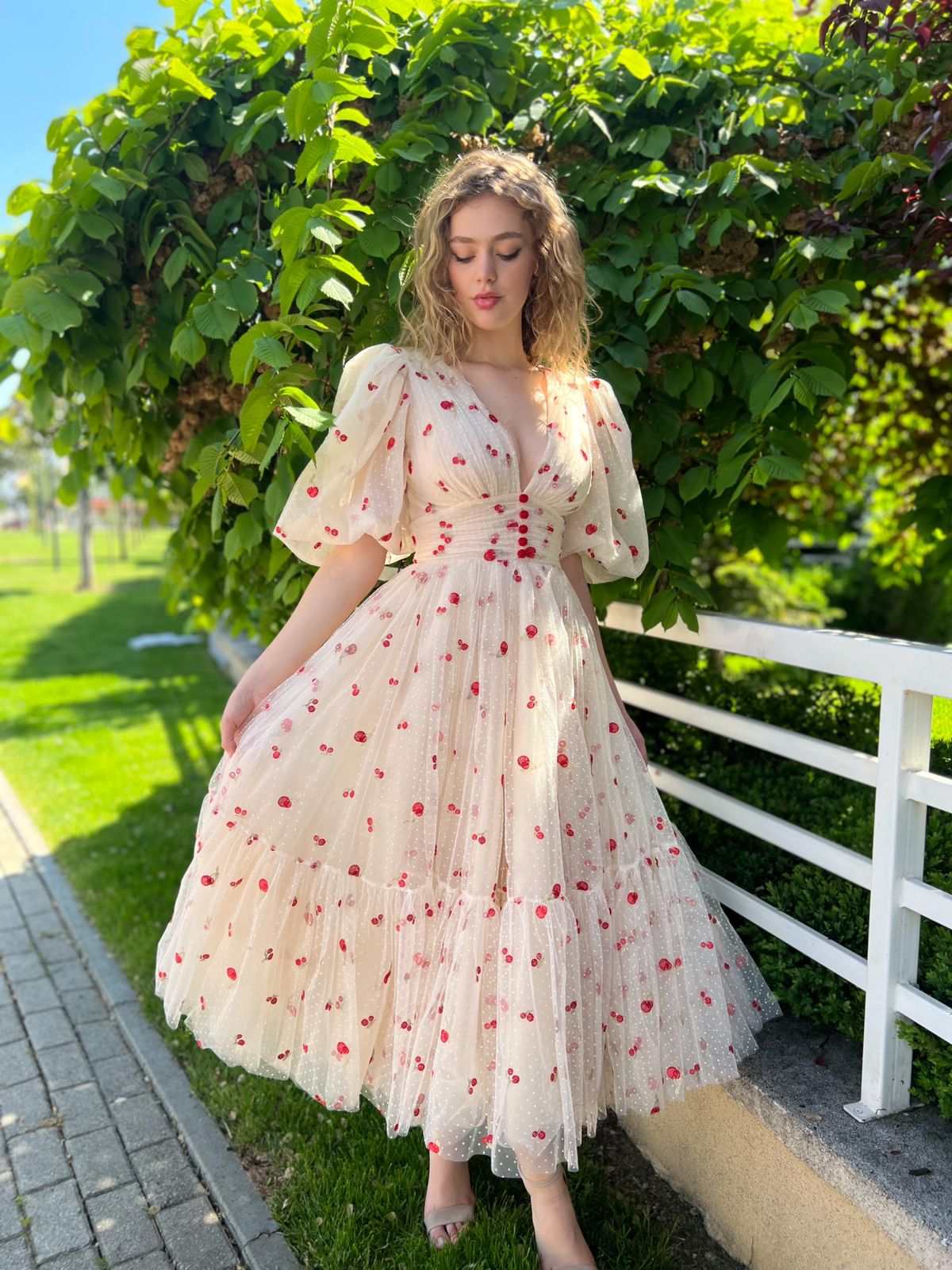 Cream Cherry Midi Dress