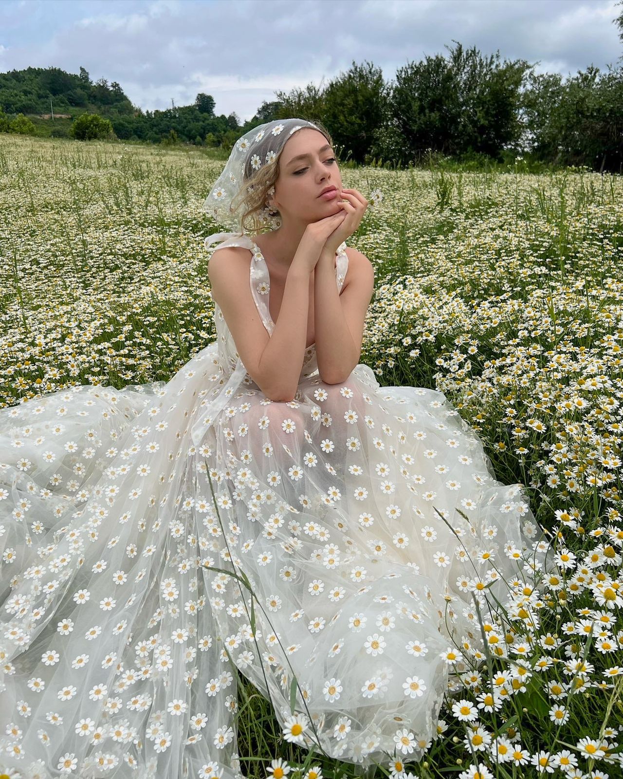 A Line white bridal dress with daisies, straps and scarf