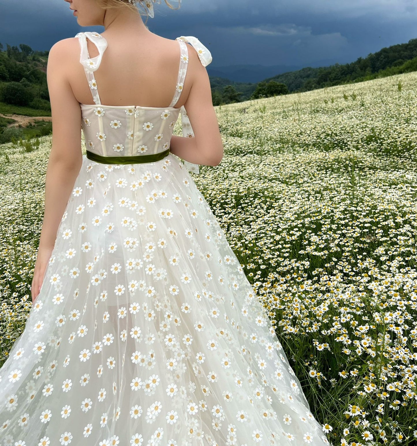 A Line white bridal dress with daisies, straps and scarf