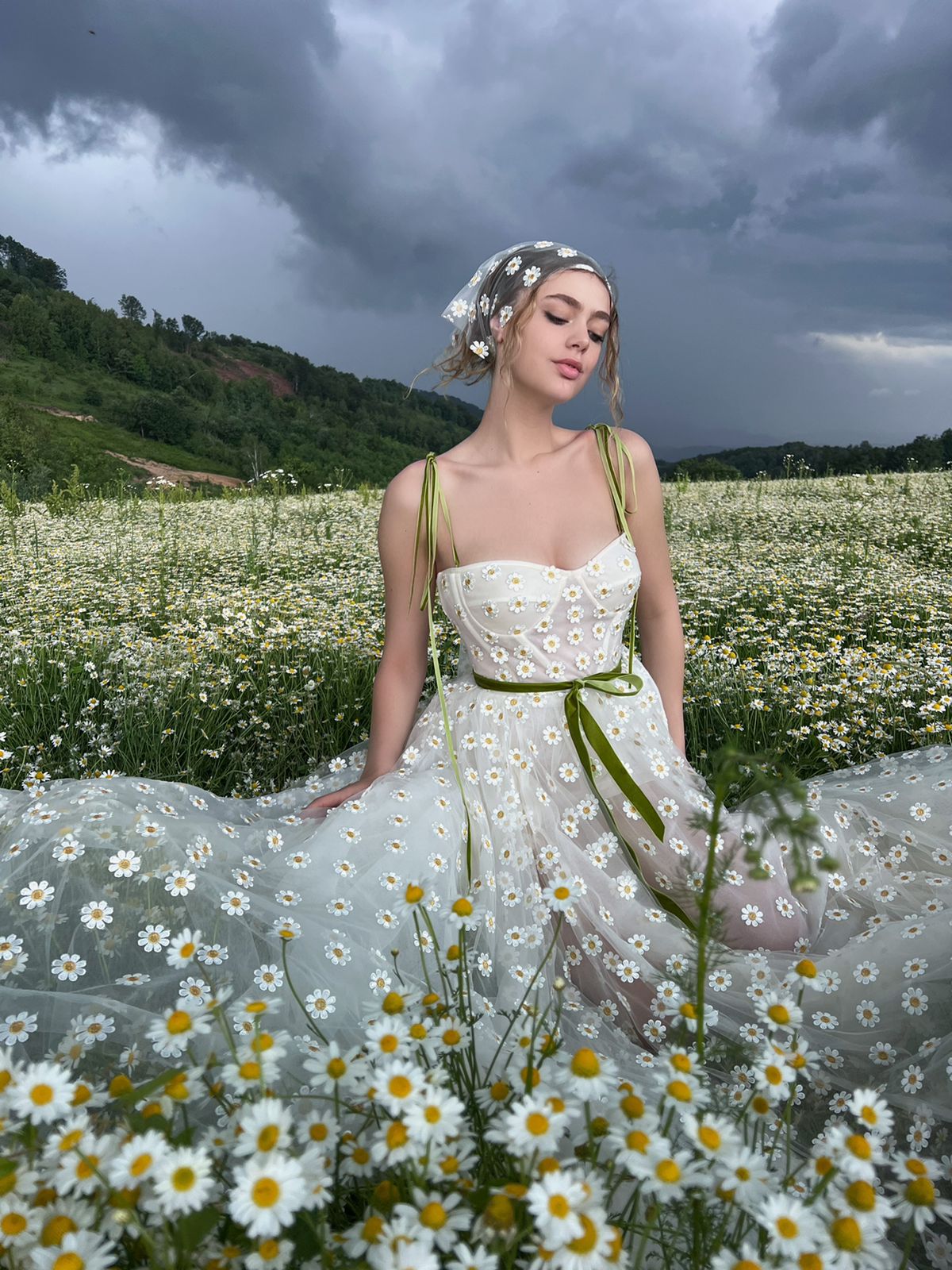 A Line white bridal dress with daisies, straps and scarf