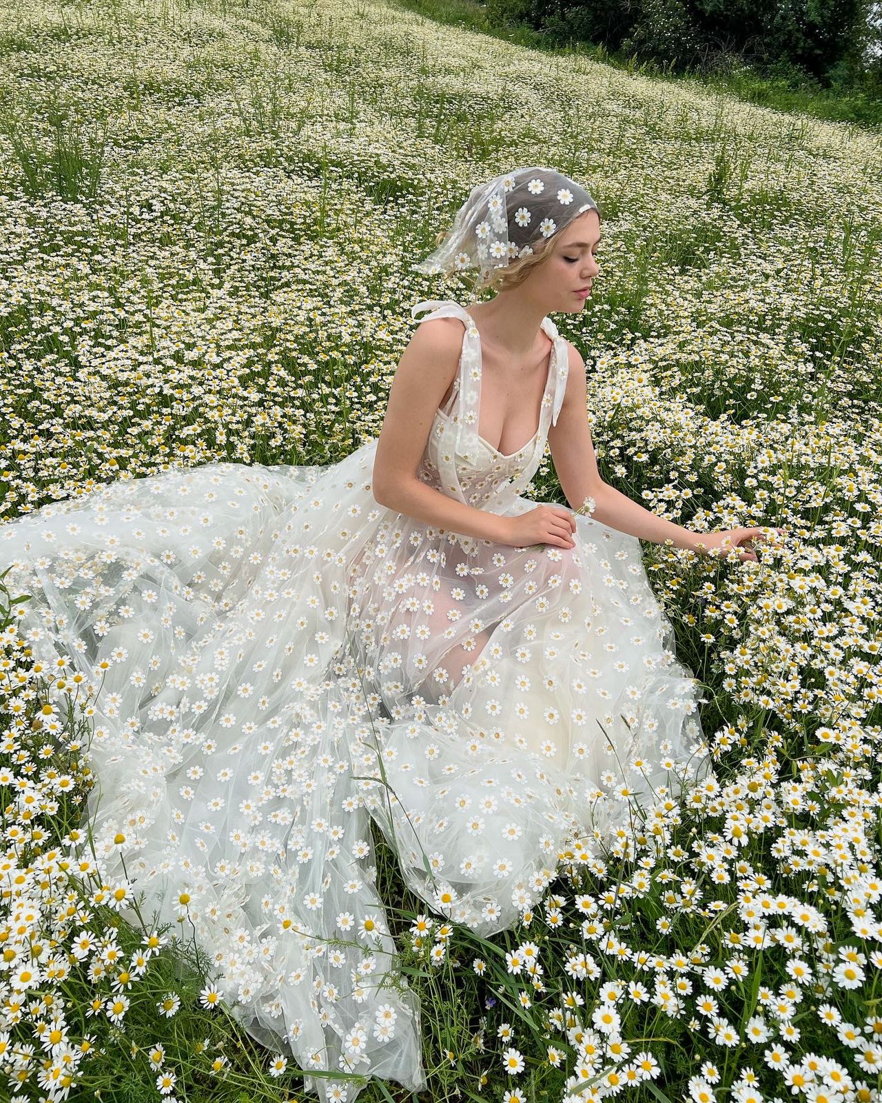 A Line white bridal dress with daisies, straps and scarf