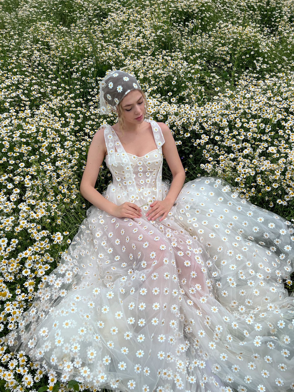 A Line white bridal dress with daisies, straps and scarf