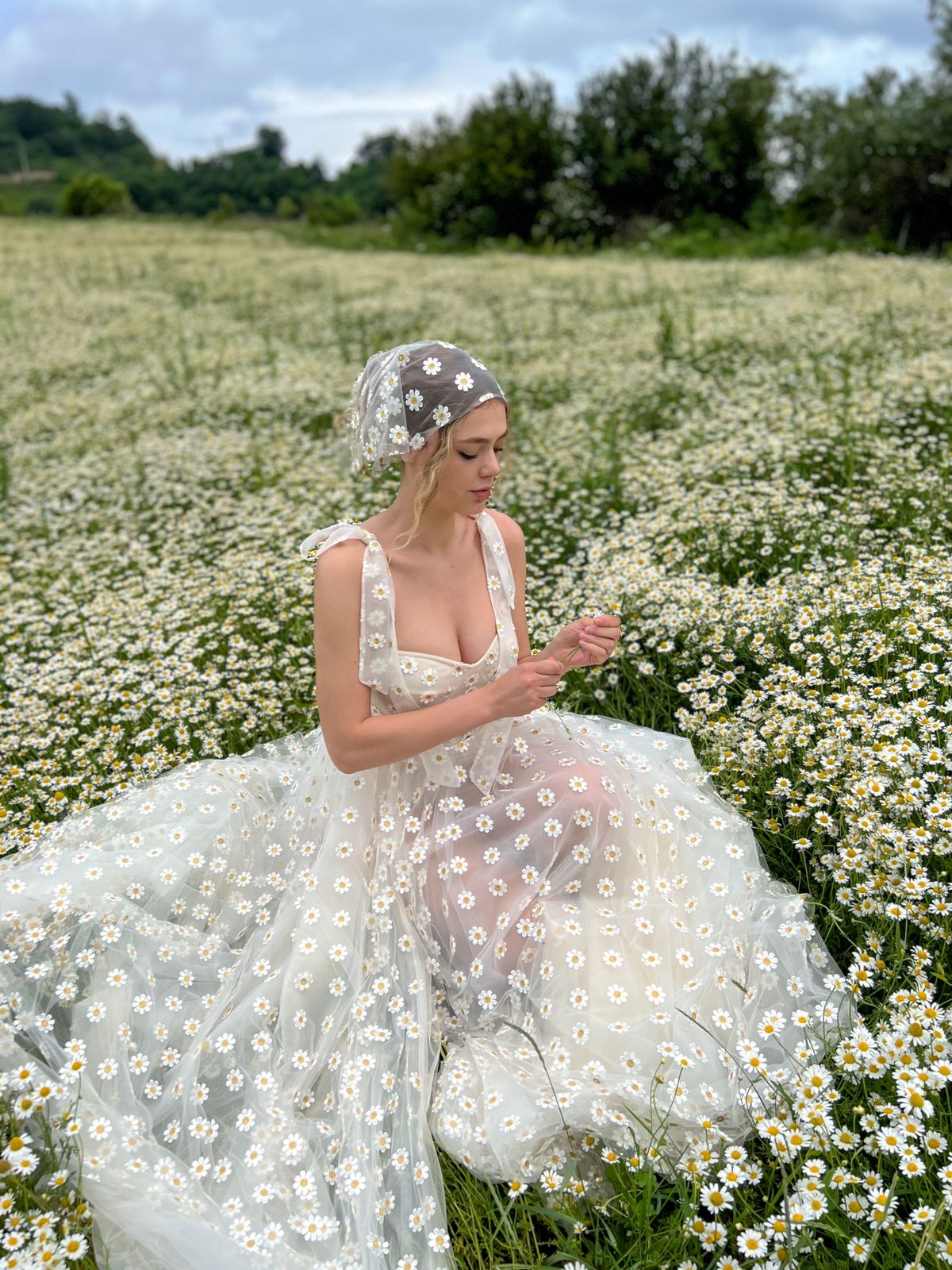 A Line white bridal dress with daisies, straps and scarf