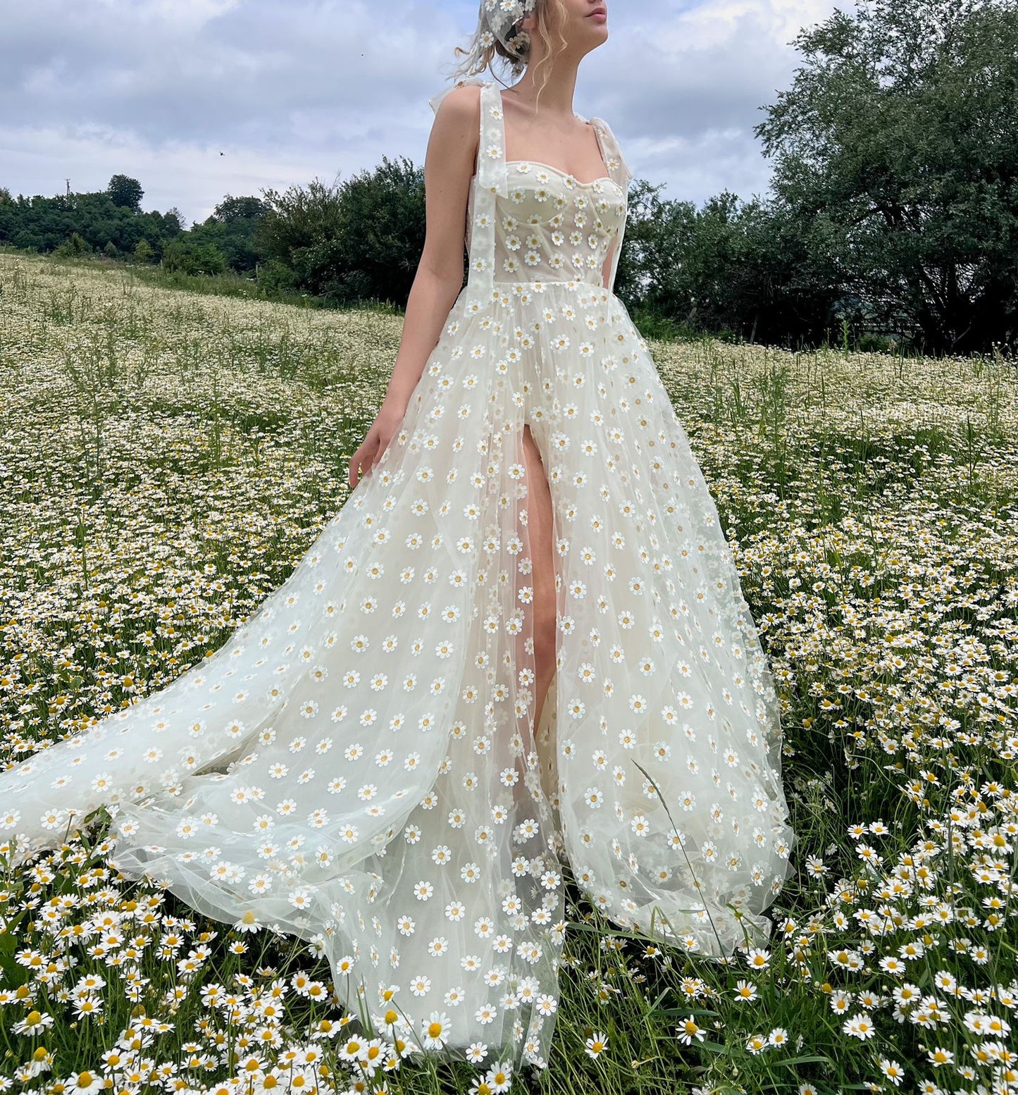 A Line white bridal dress with daisies, straps and scarf