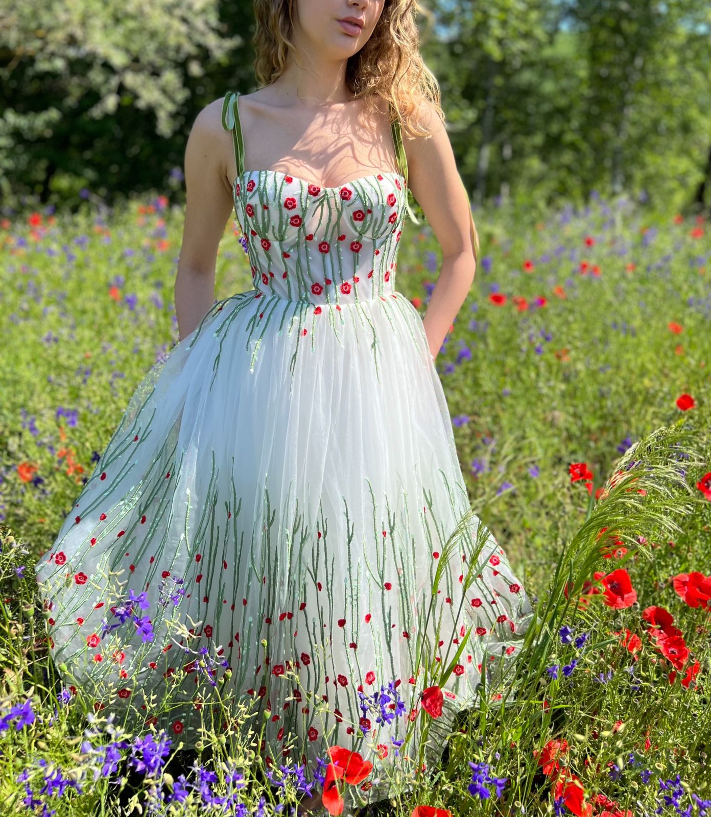 Midi white bridal dress with spaghetti straps and embroidered flowers