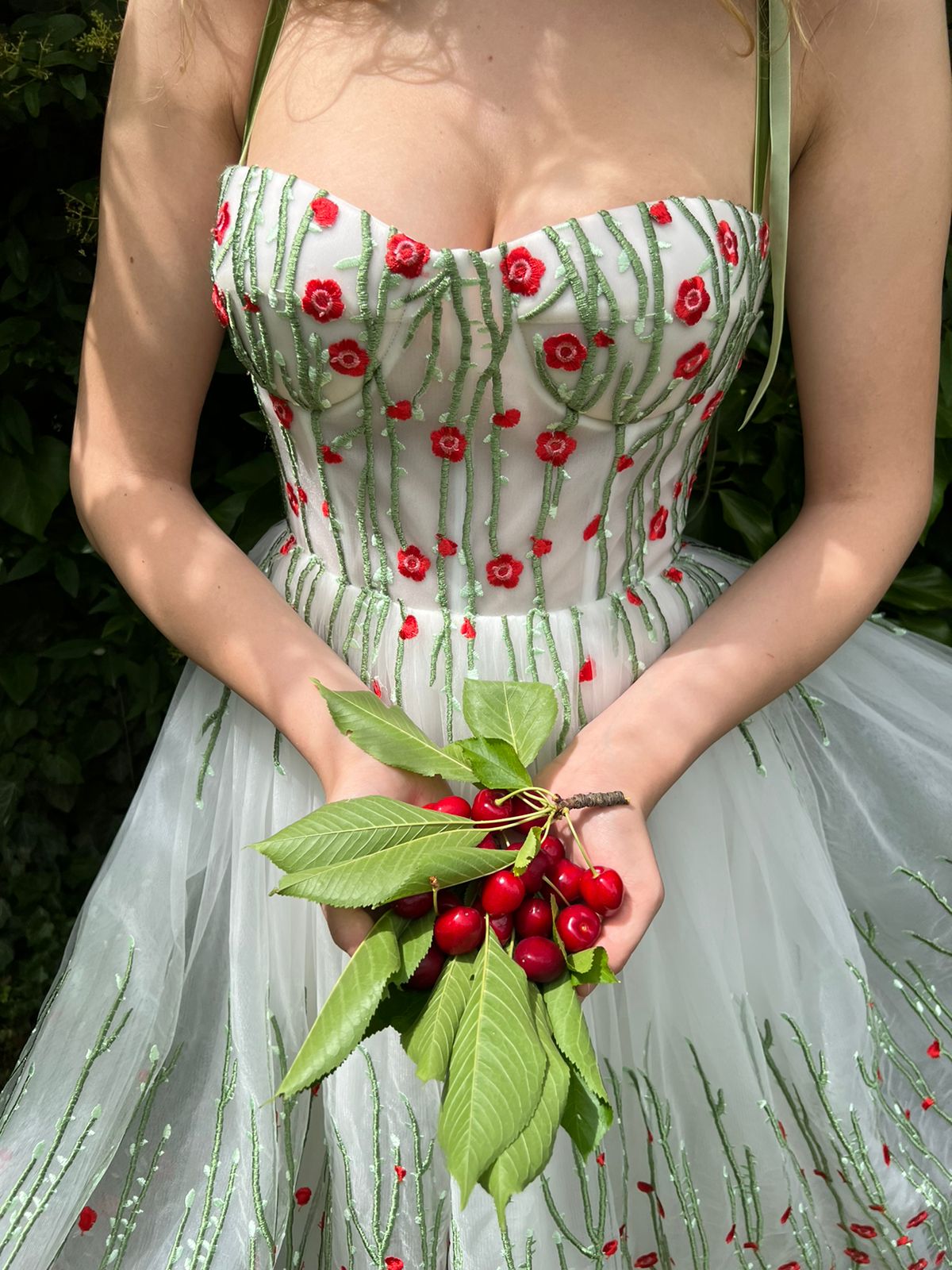 Midi white bridal dress with spaghetti straps and embroidered flowers