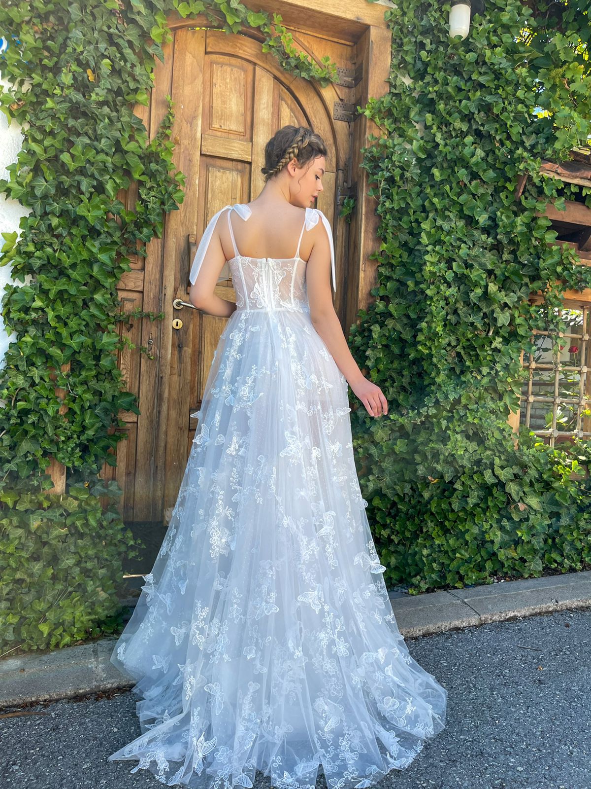 A Line white dress with straps, embroidered butterflies and slit