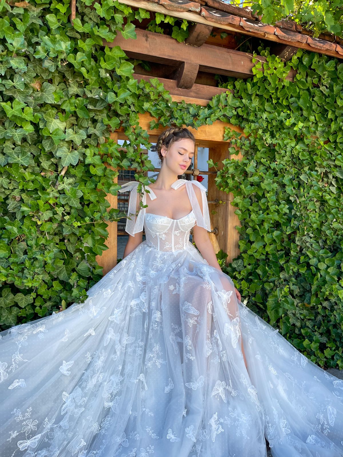 A Line white dress with straps, embroidered butterflies and slit