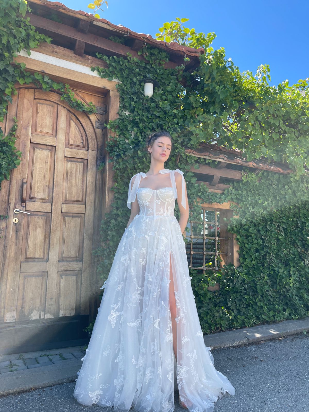 A Line white dress with straps, embroidered butterflies and slit