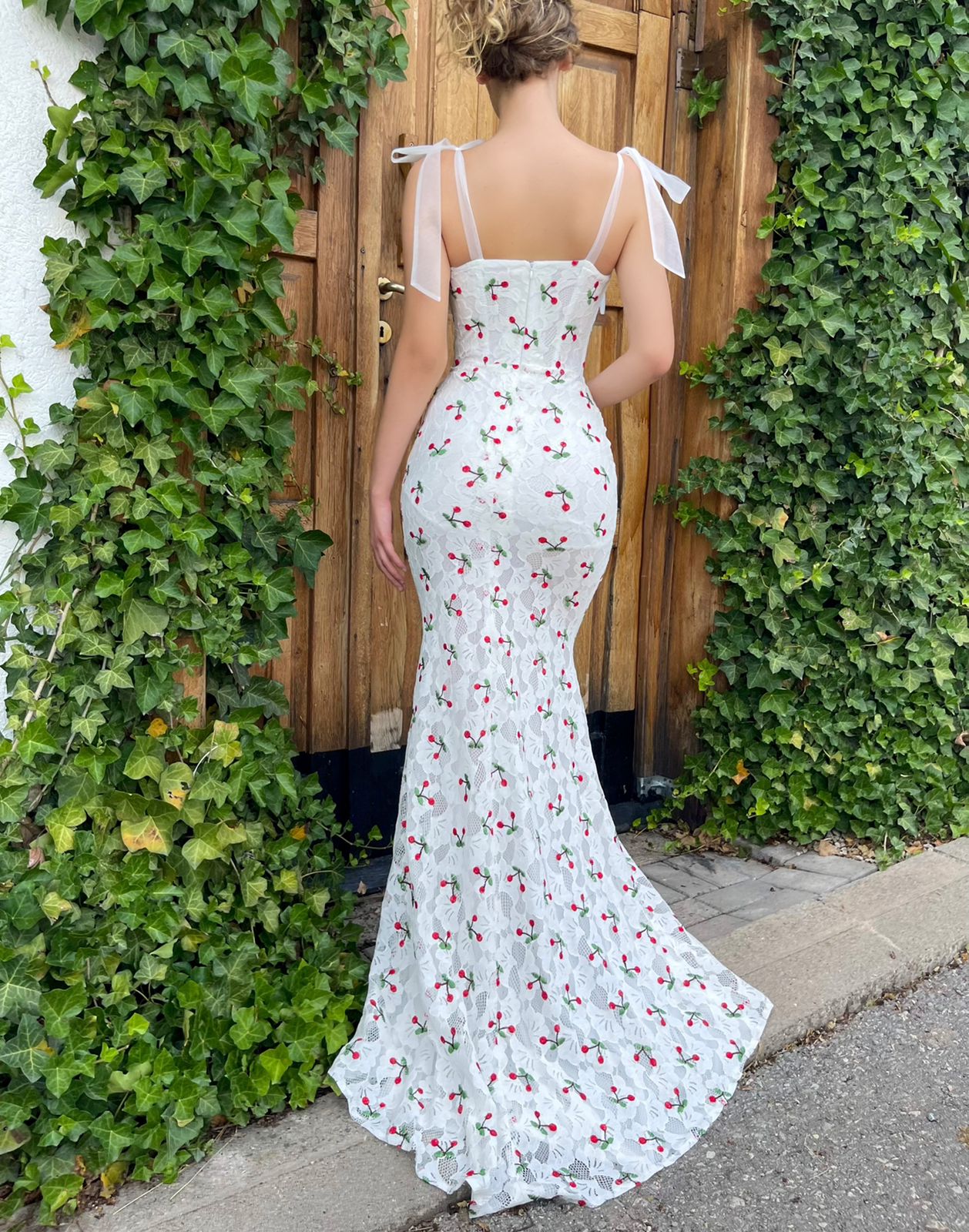 White mermaid dress with spaghetti straps and cherries