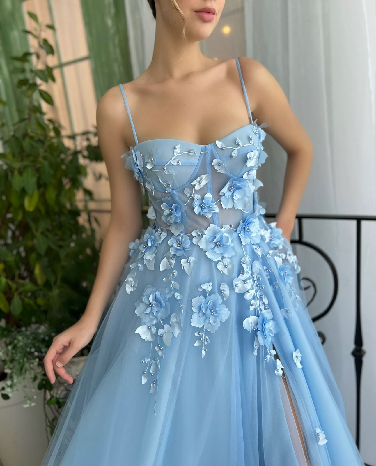Blue A-Line dress with spaghetti straps, embroidery and flowers