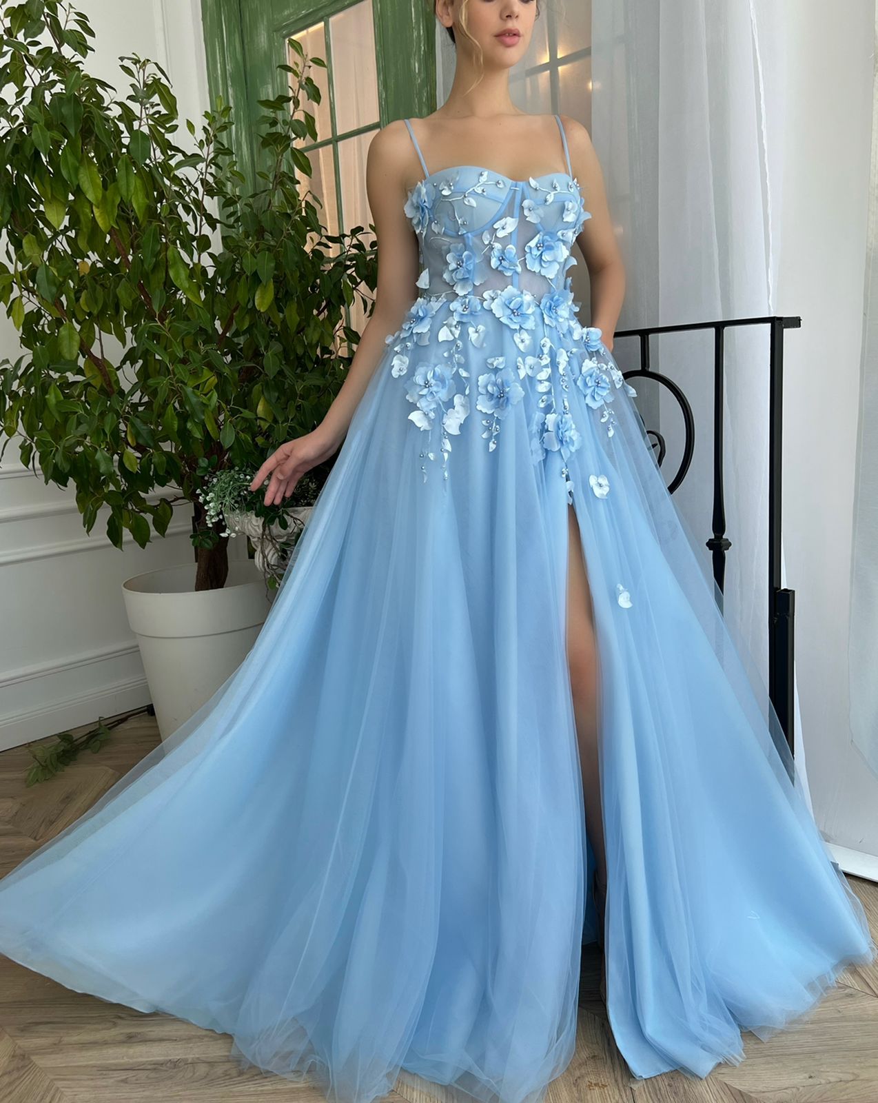 Blue A-Line dress with spaghetti straps, embroidery and flowers