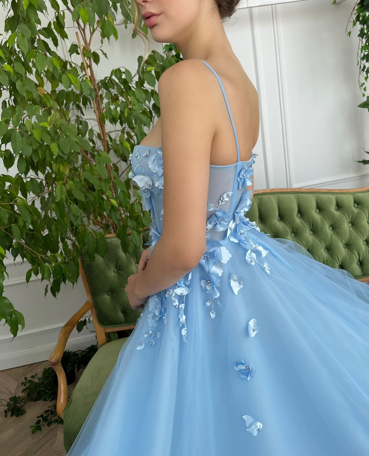 Blue A-Line dress with spaghetti straps, embroidery and flowers