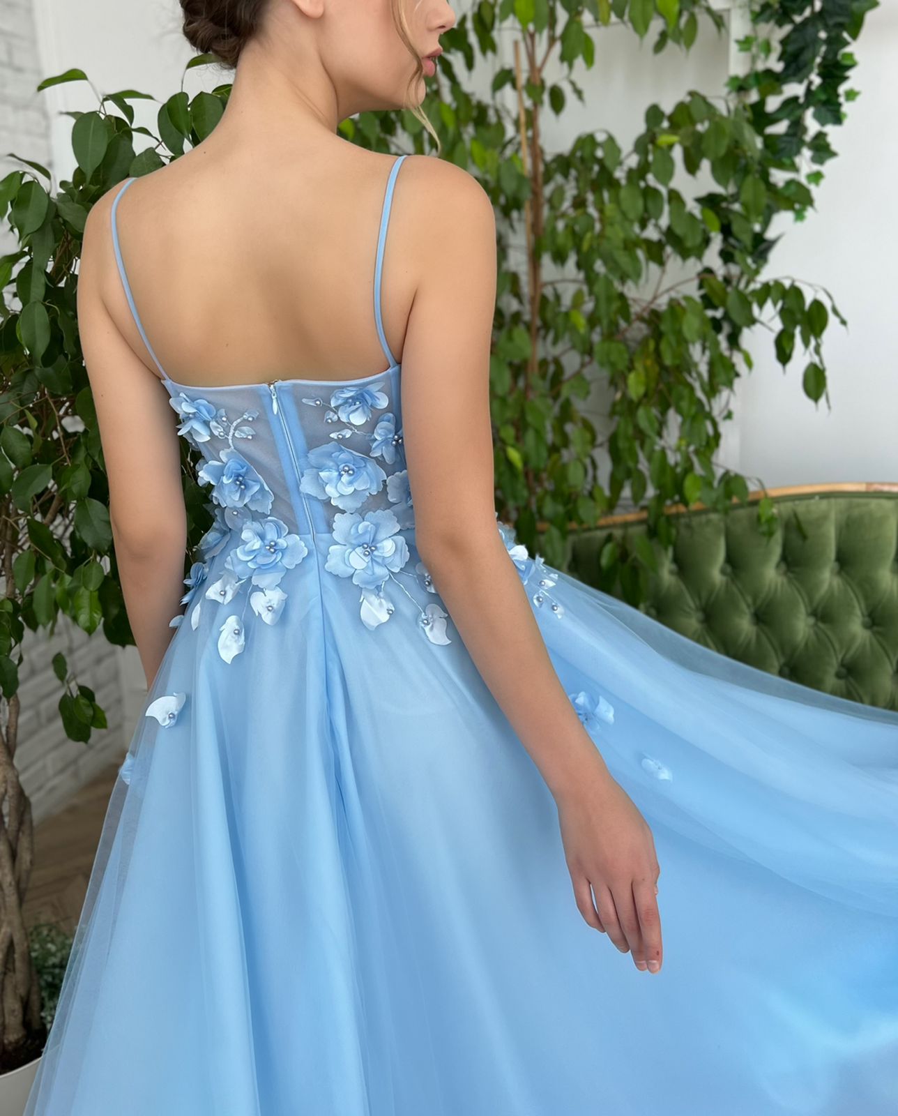 Blue A-Line dress with spaghetti straps, embroidery and flowers