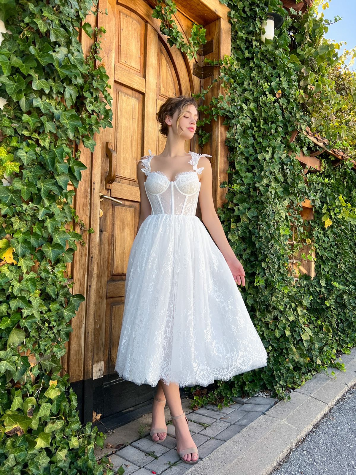 Midi white bridal dress with straps and butterflies