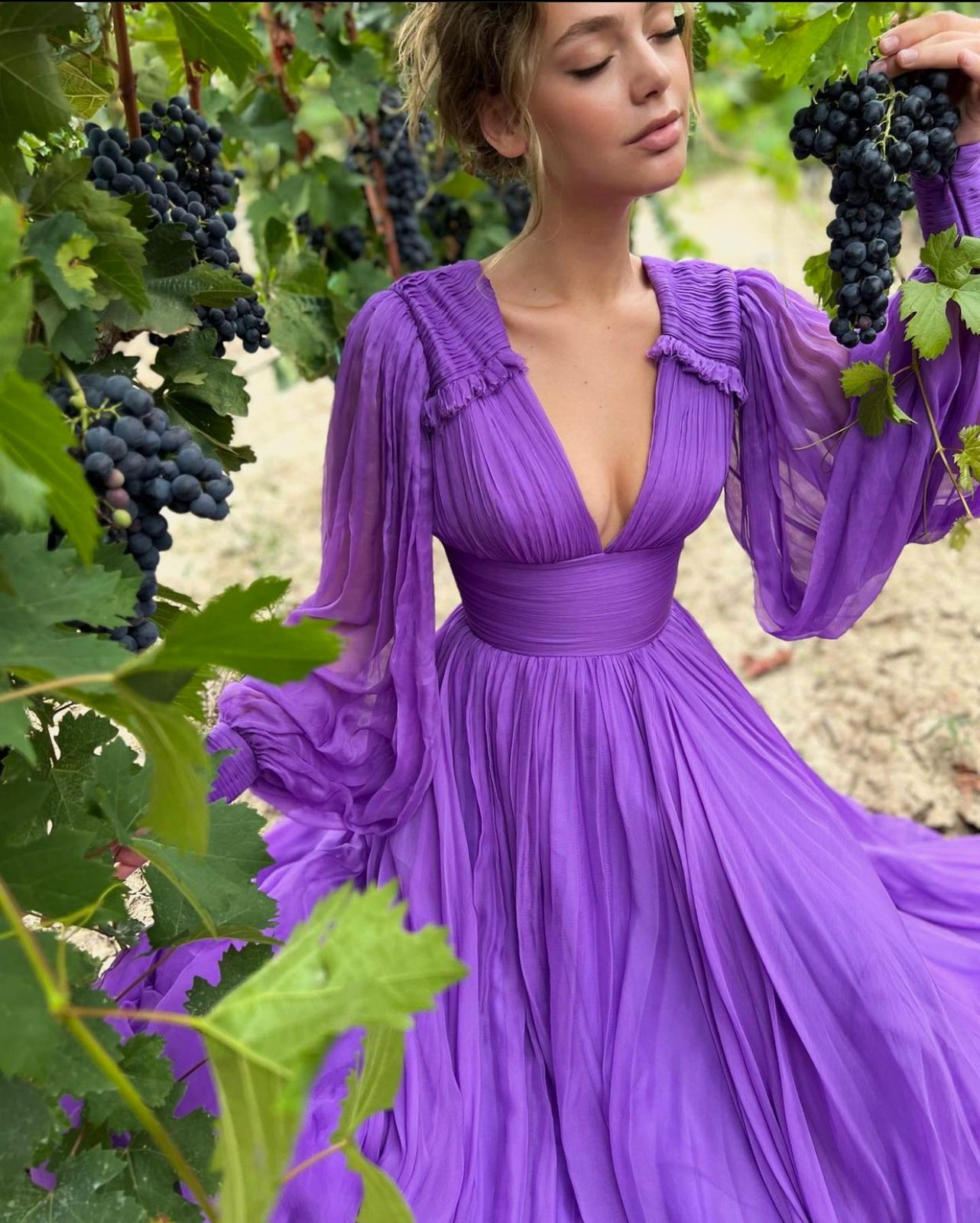 Purple A-Line dress with long sleeves and v-neck