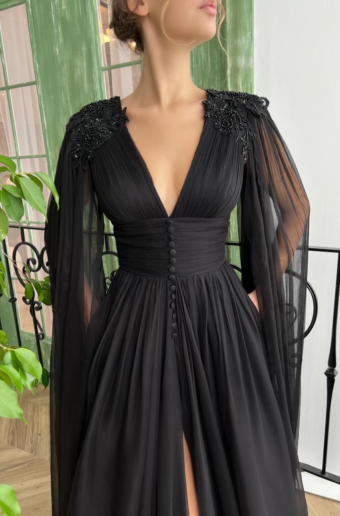 Black A-Line dress with v-neck, long sleeves and embroidery
