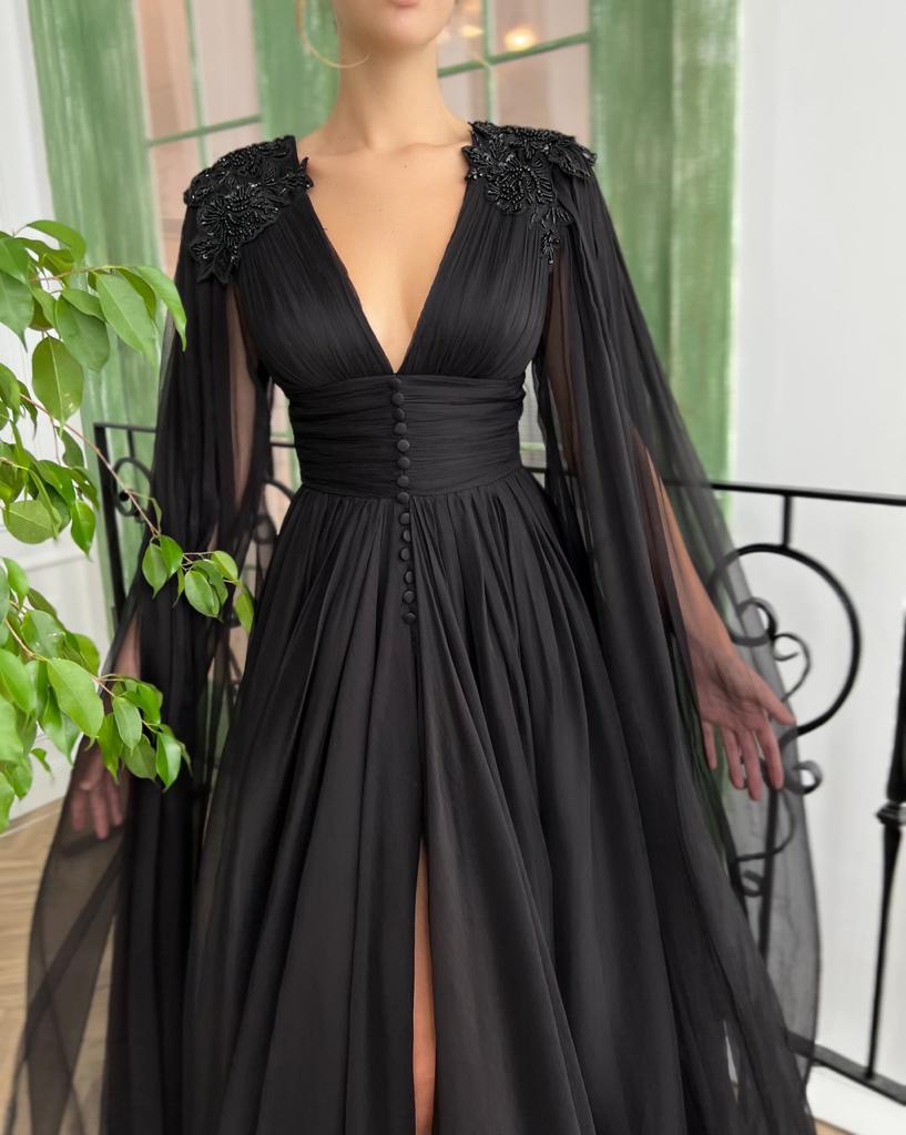 Black A-Line dress with v-neck, long sleeves and embroidery