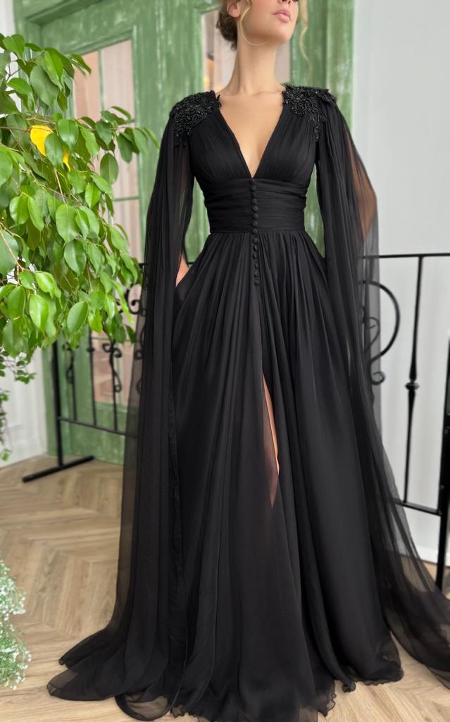 Black A-Line dress with v-neck, long sleeves and embroidery