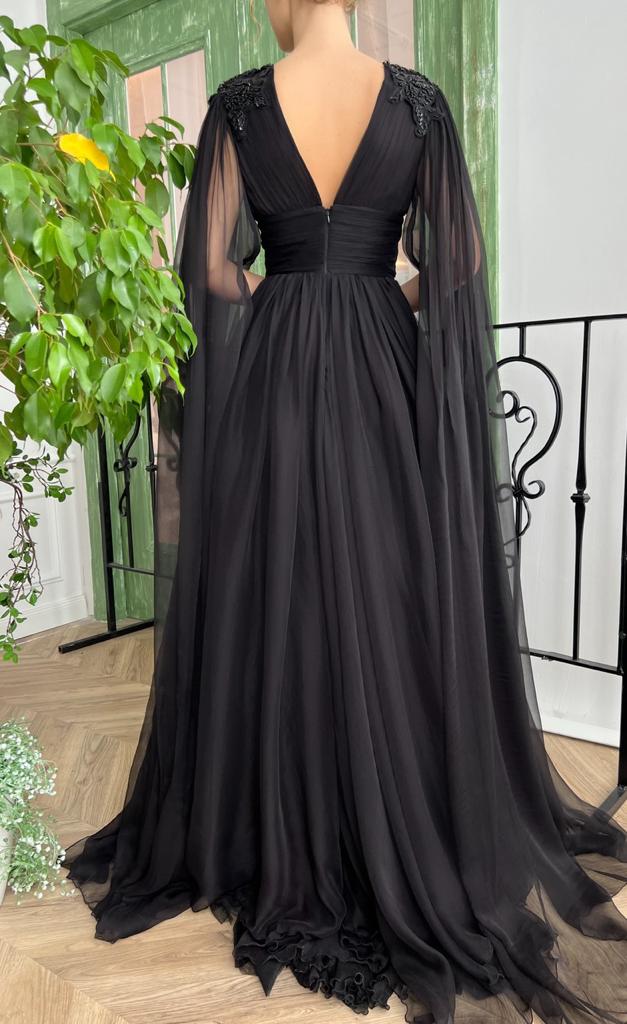 Black A-Line dress with v-neck, long sleeves and embroidery