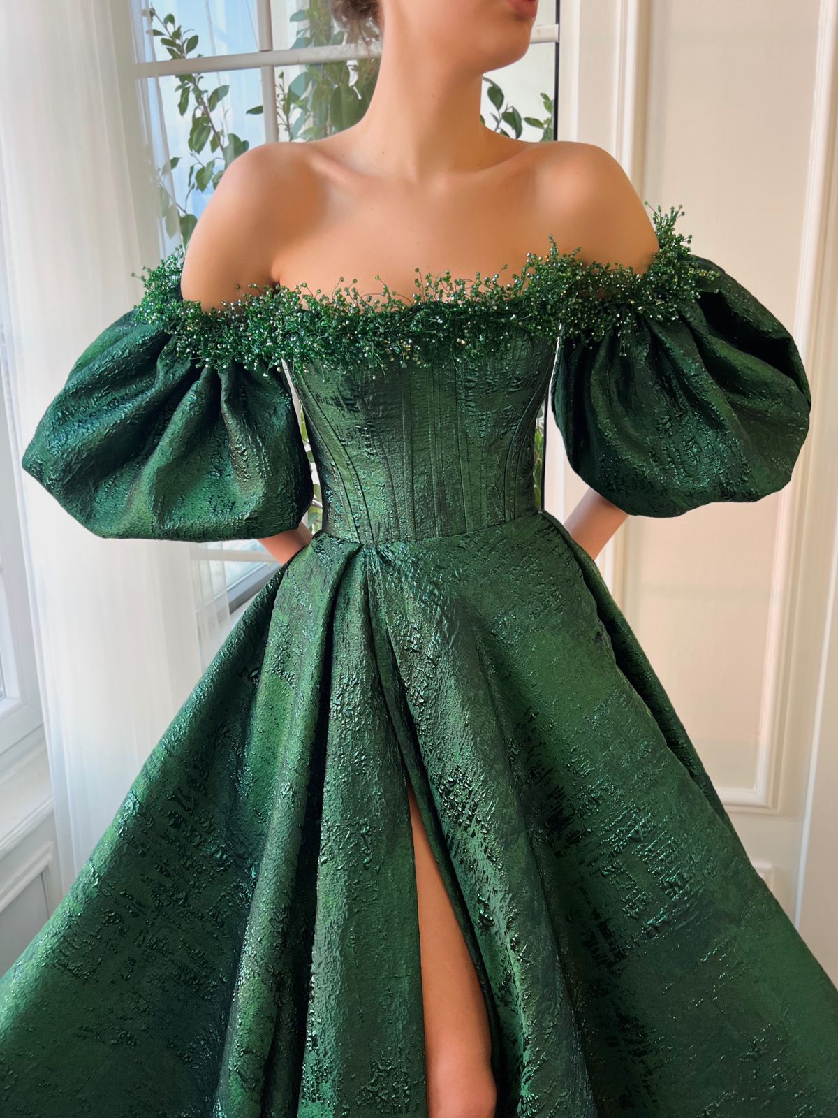 Green A-Line dress with off the shoulder sleeves and embroidery