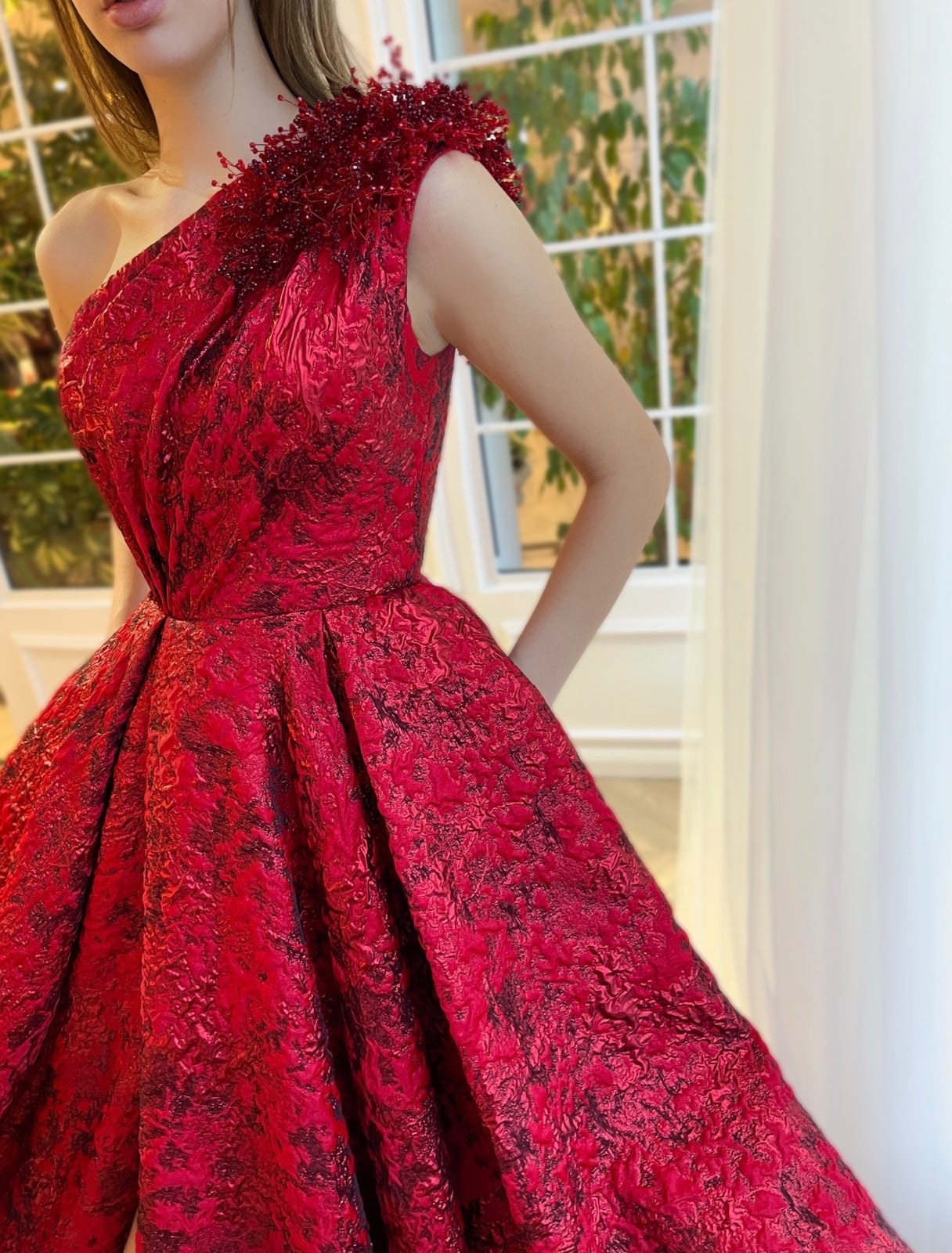 Red A-Line dress with embroidery and one shoulder sleeve