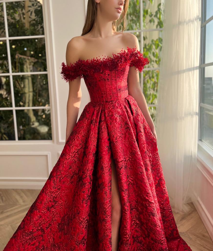 Red A-Line dress with embroidery and off the shoulder sleeves