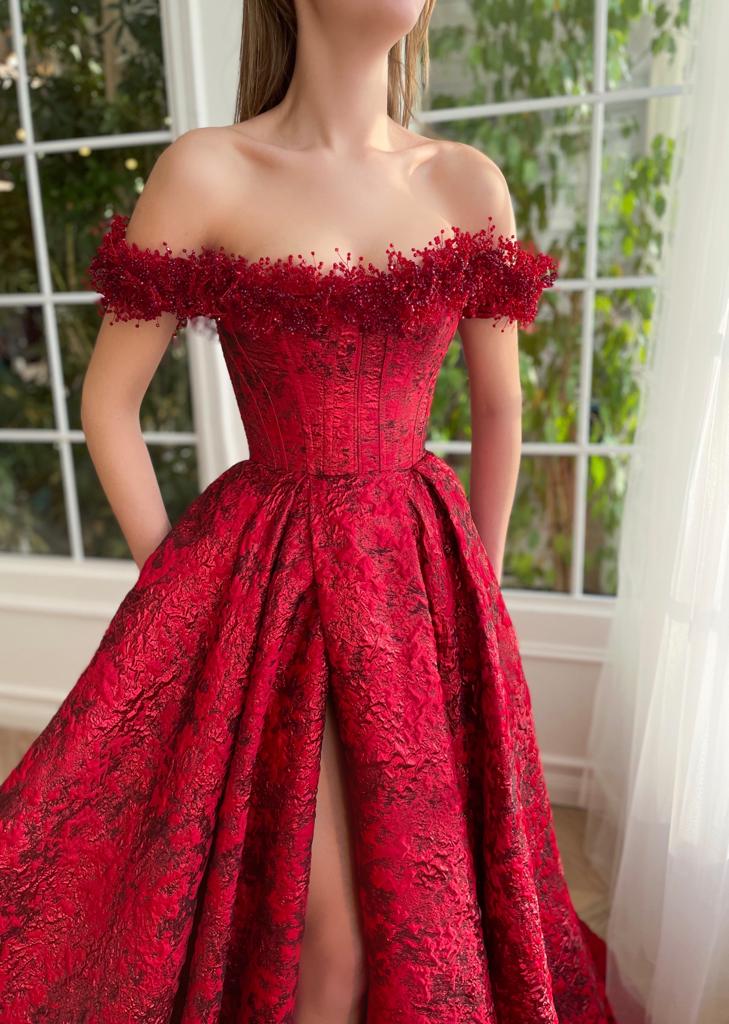 Red A-Line dress with embroidery and off the shoulder sleeves