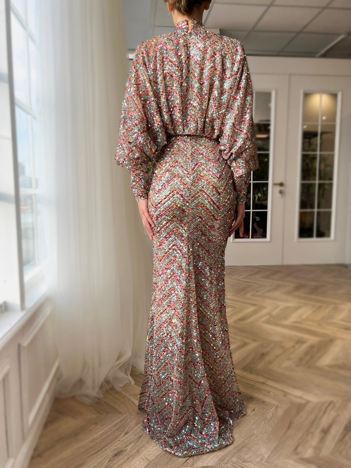Colorful mermaid dress with turtle neck, sequins and long sleeves