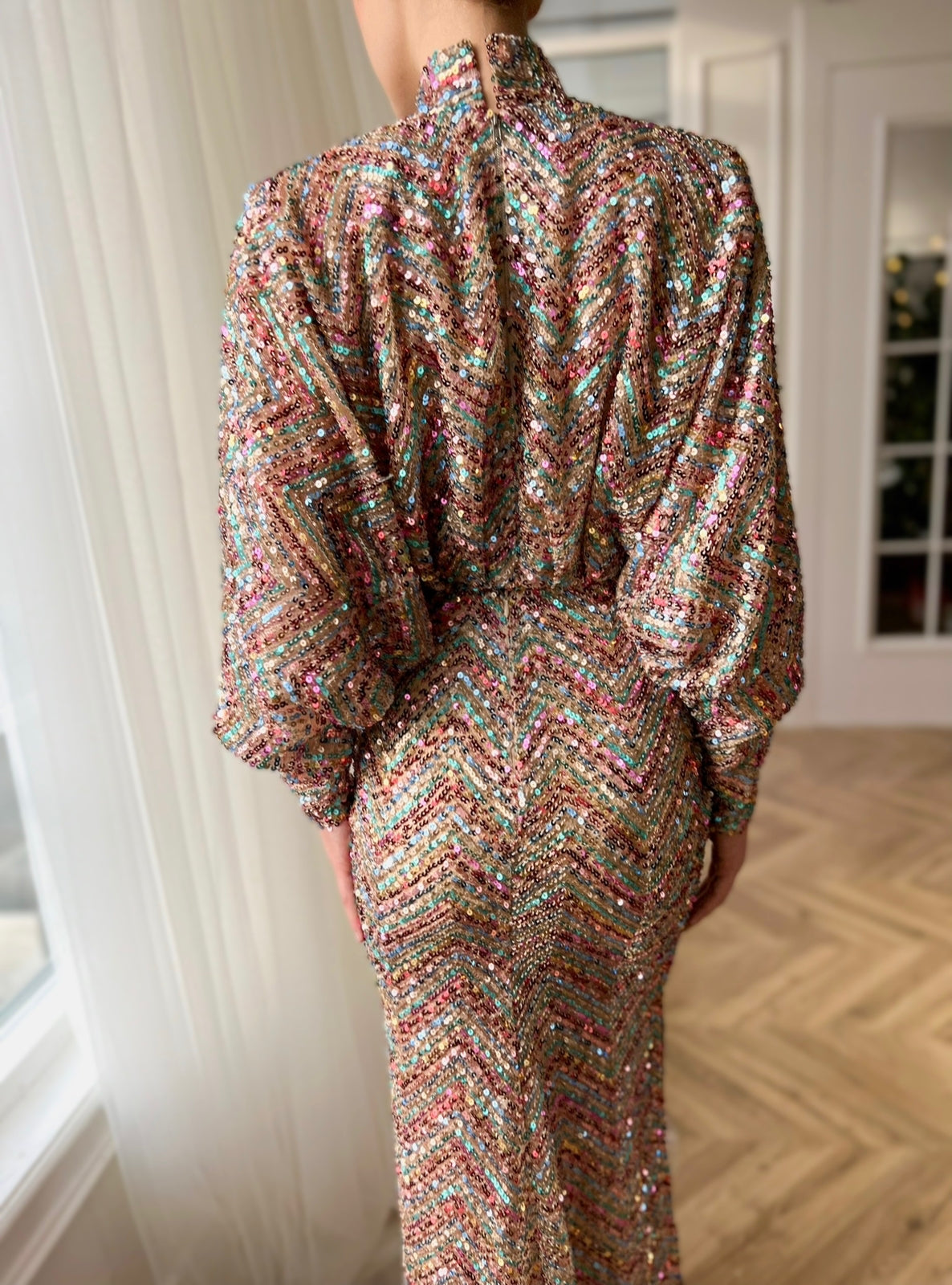 Colorful mermaid dress with turtle neck, sequins and long sleeves