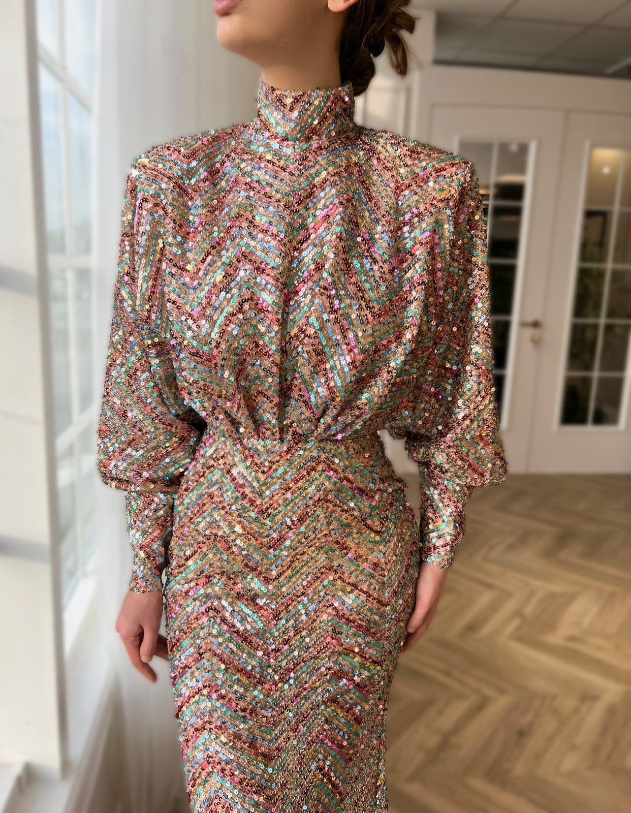 Colorful mermaid dress with turtle neck, sequins and long sleeves