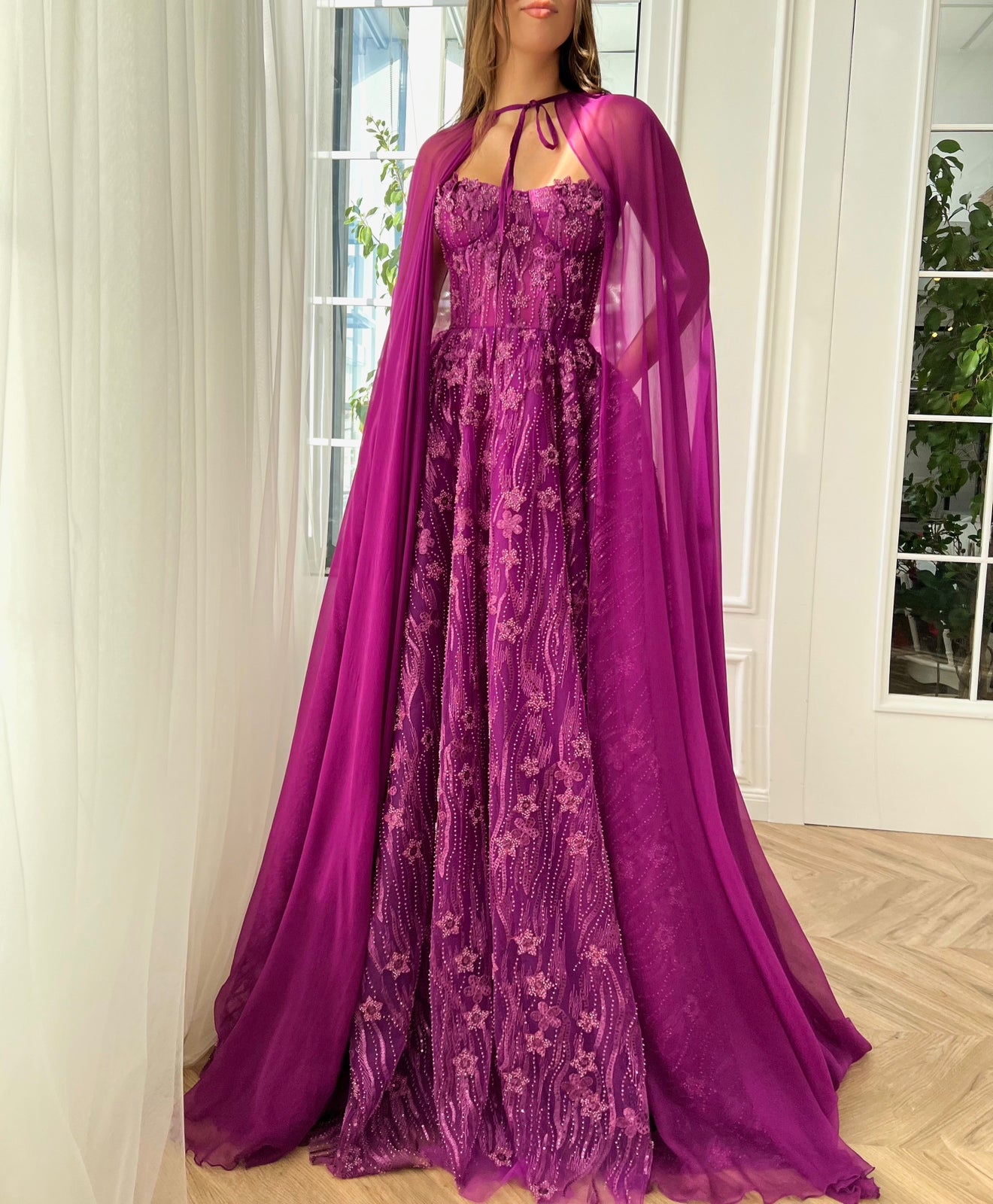 Pink A-Line dress with lace, no sleeves and cape