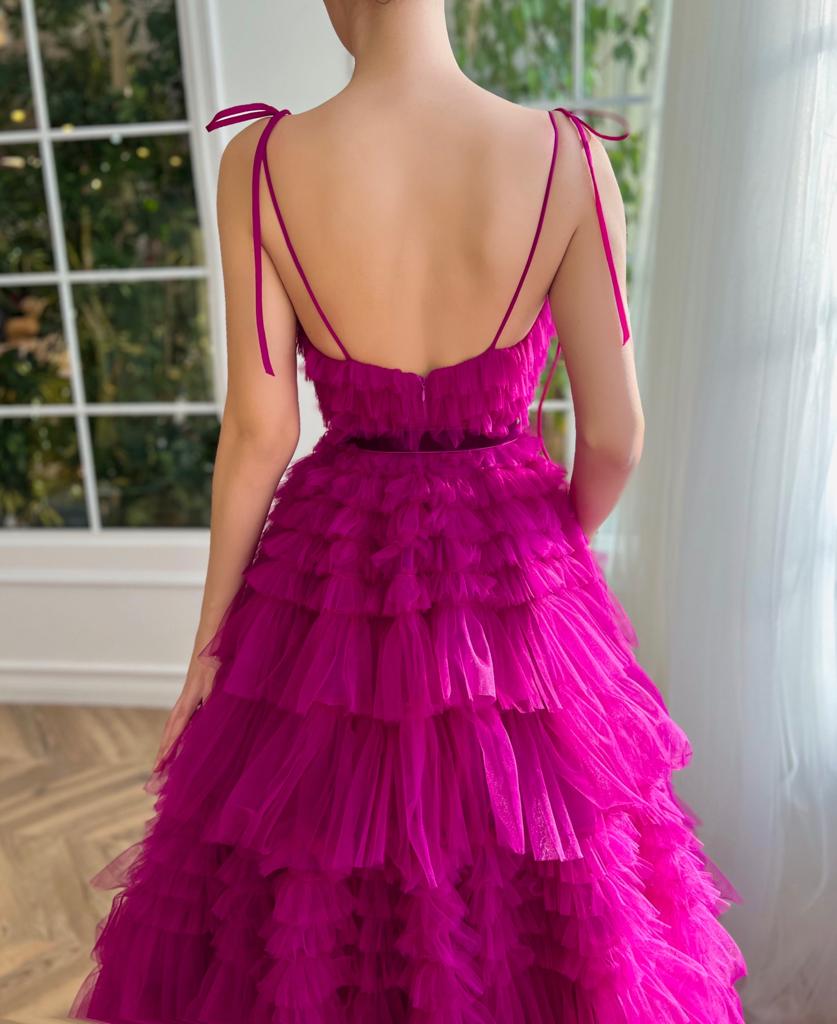 Pink A-Line dress with spaghetti straps and ruffles