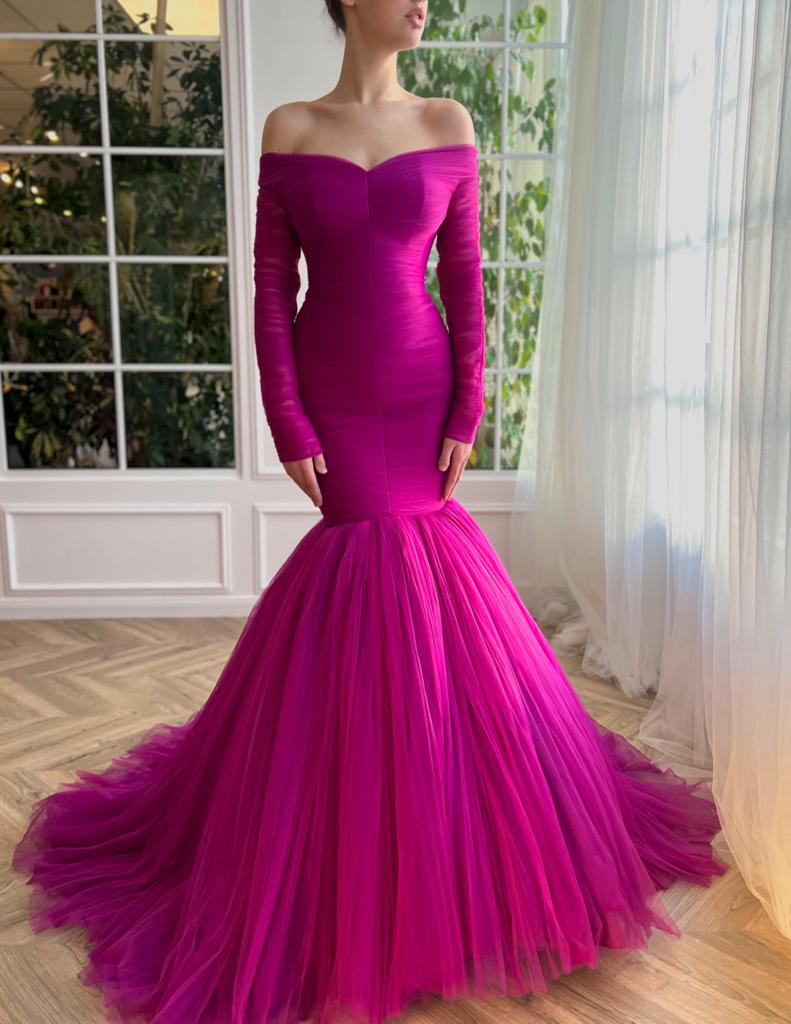 Pink mermaid dress with off the shoulder sleeves and long sleeves