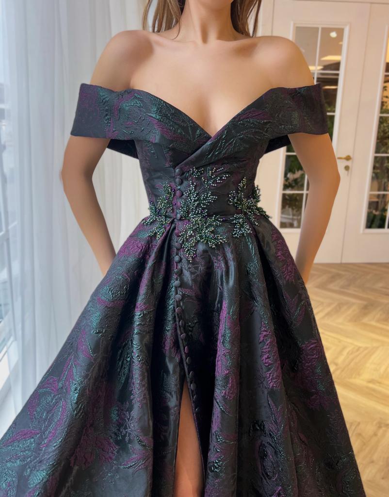 Black A-Line dress with embroidery, slit and off the shoulder sleeves