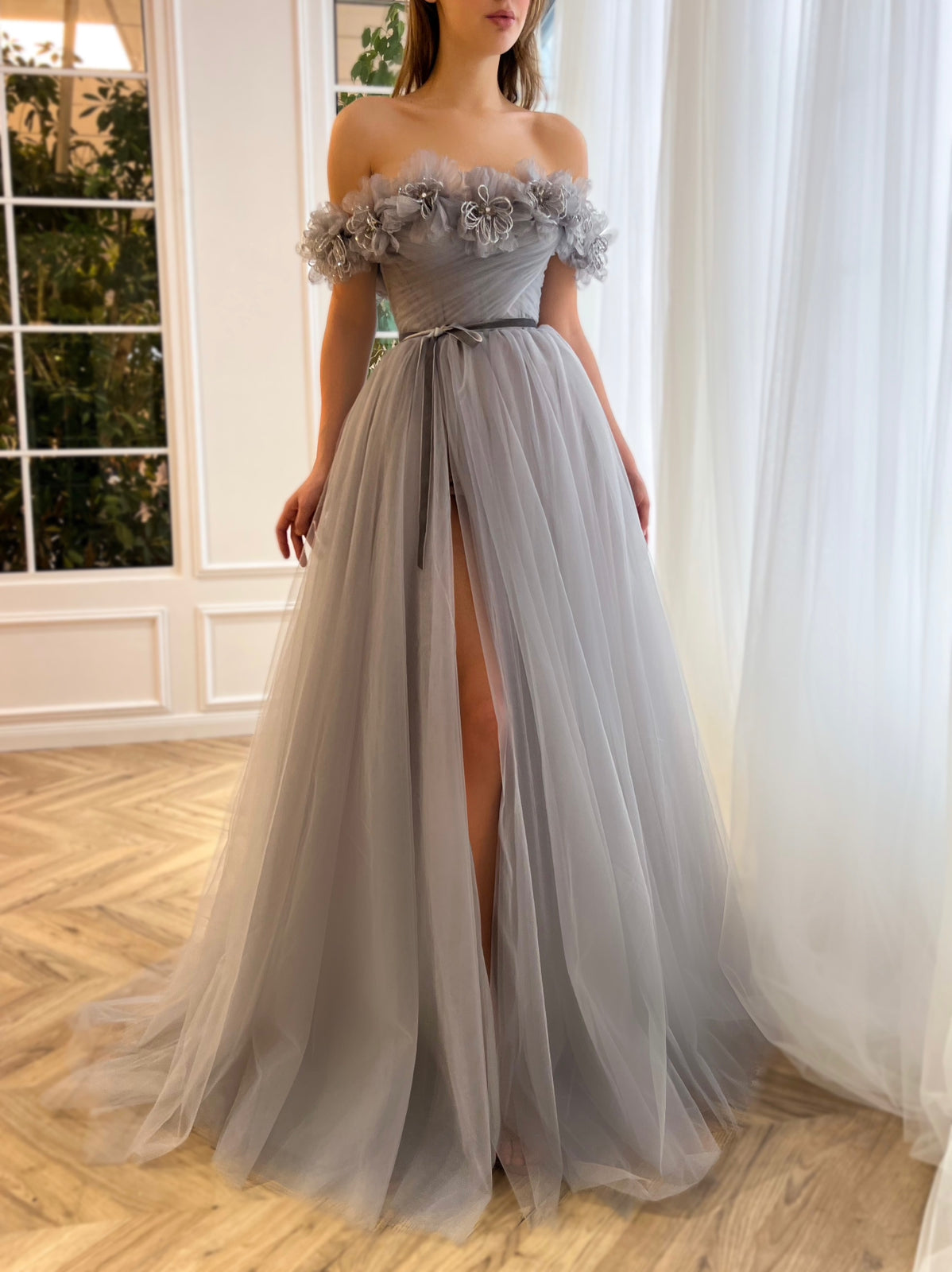 Grey A-Line dress with embroidery, flowers and off the shoulder sleeves