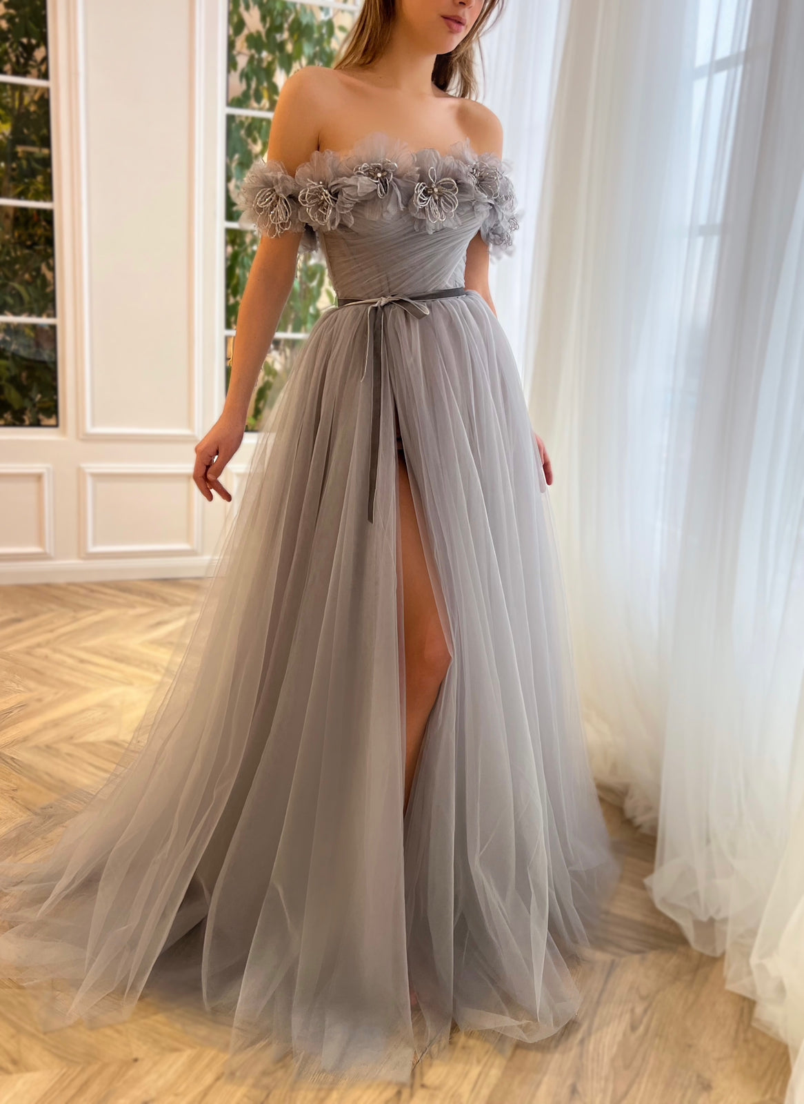 Grey A-Line dress with embroidery, flowers and off the shoulder sleeves